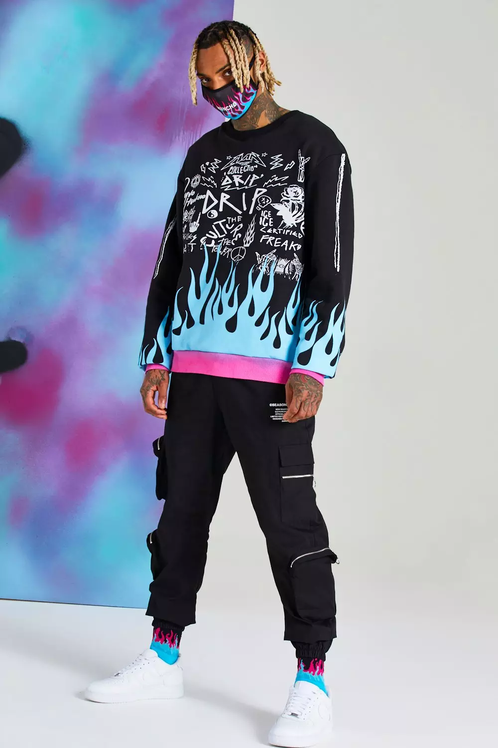 Quavo Graffiti Print Flame Sweater boohooMAN USA