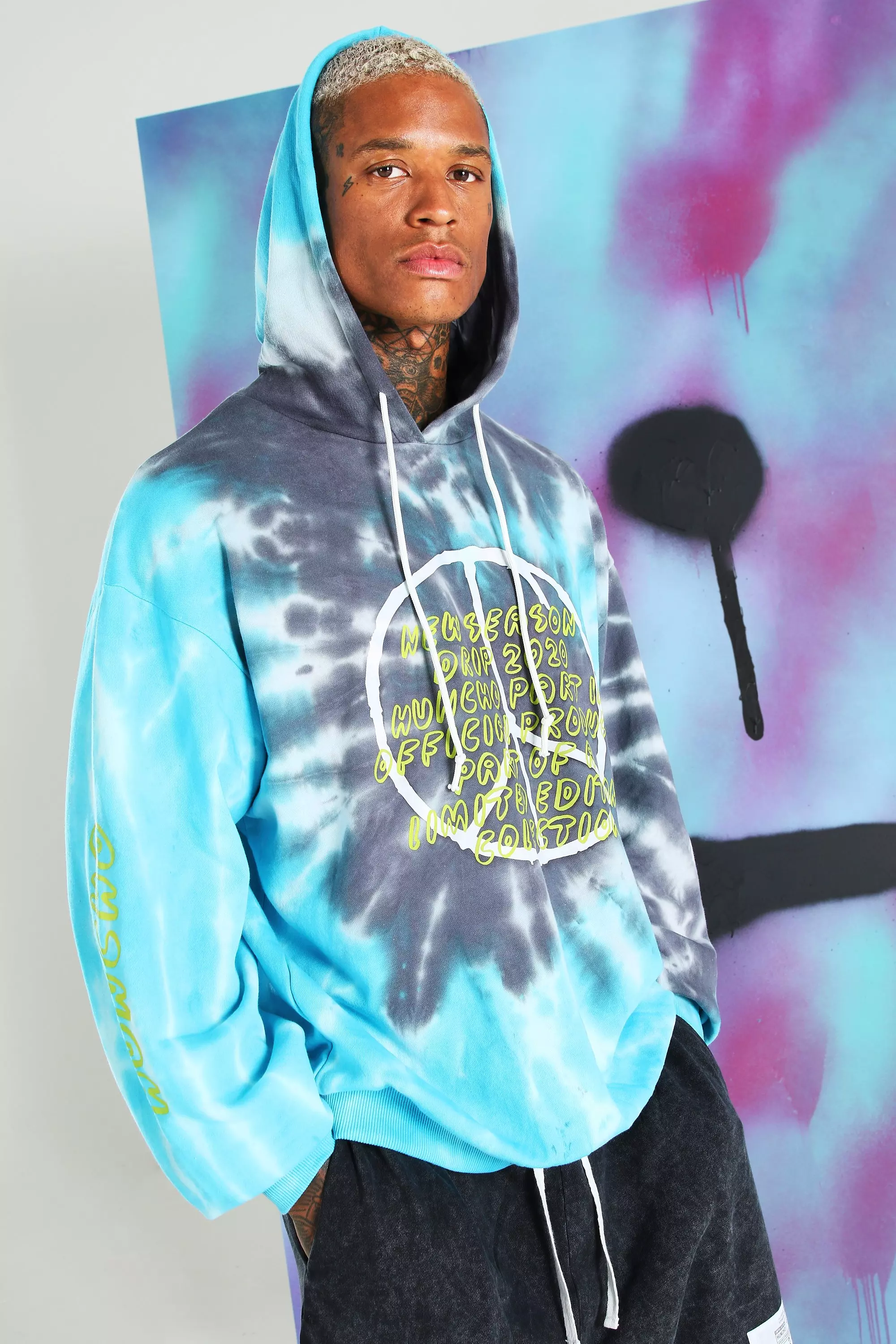 Quavo Peace Sign Loose Fit Tie Dye Hoodie boohooMAN USA