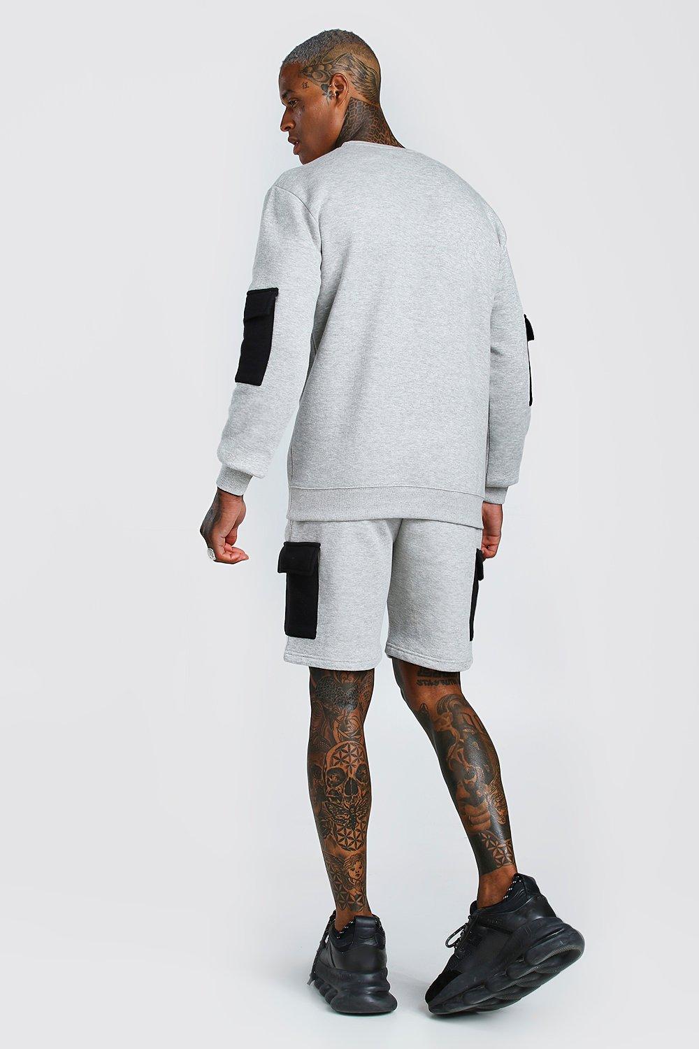 

Оригинальный спортивный костюм с шортами карго и свитшотом MAN, Grey