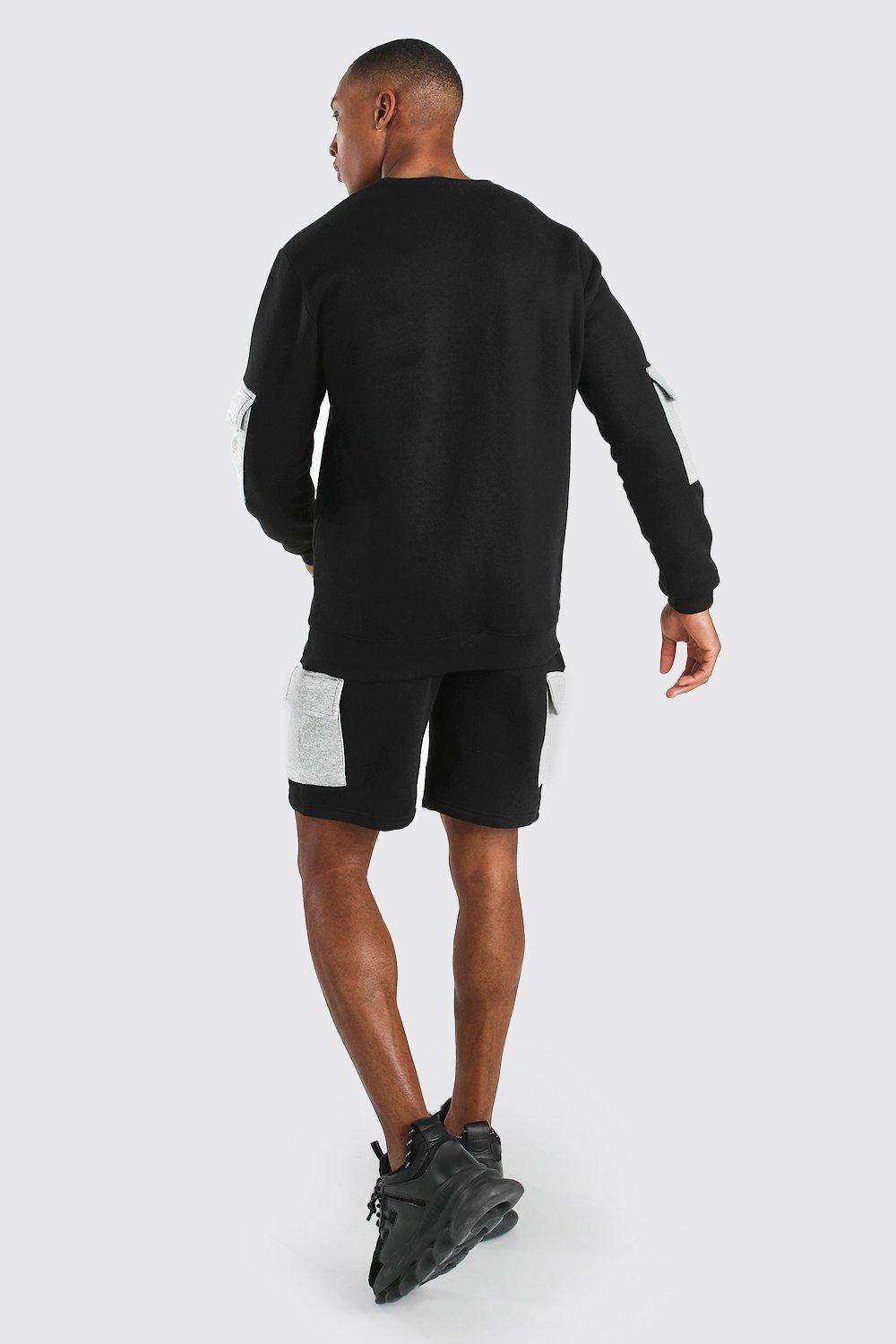

Оригинальный спортивный костюм с шортами карго и свитшотом MAN, Black
