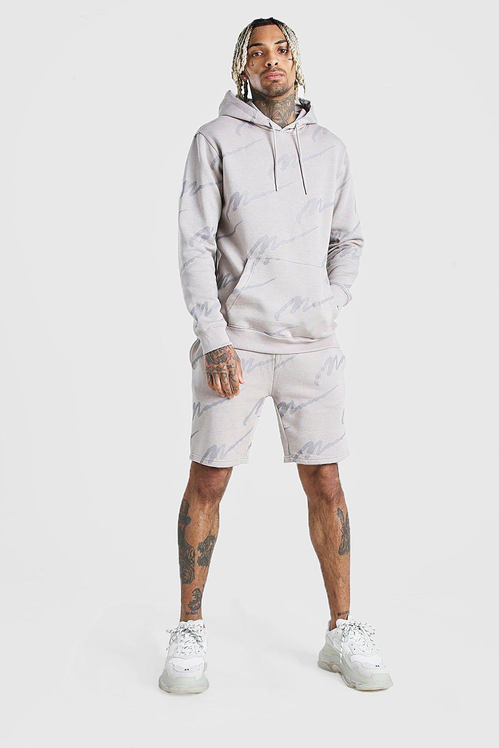 all over man printed hooded short tracksuit