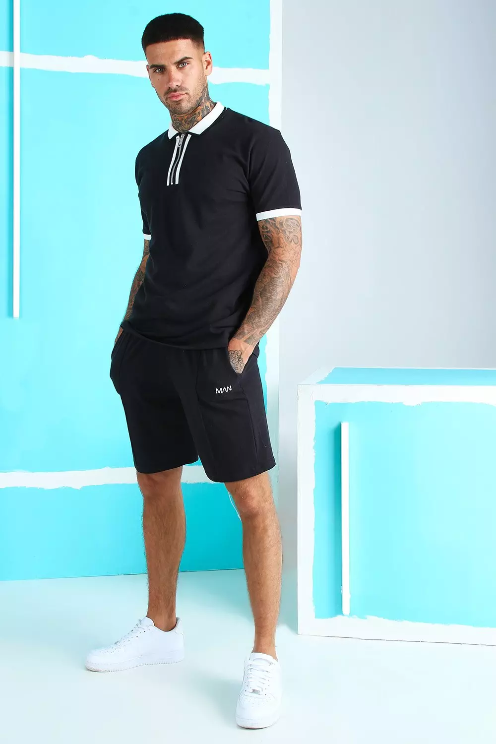 Pique Zip Polo Short Set With MAN Embroidery boohooMAN UK