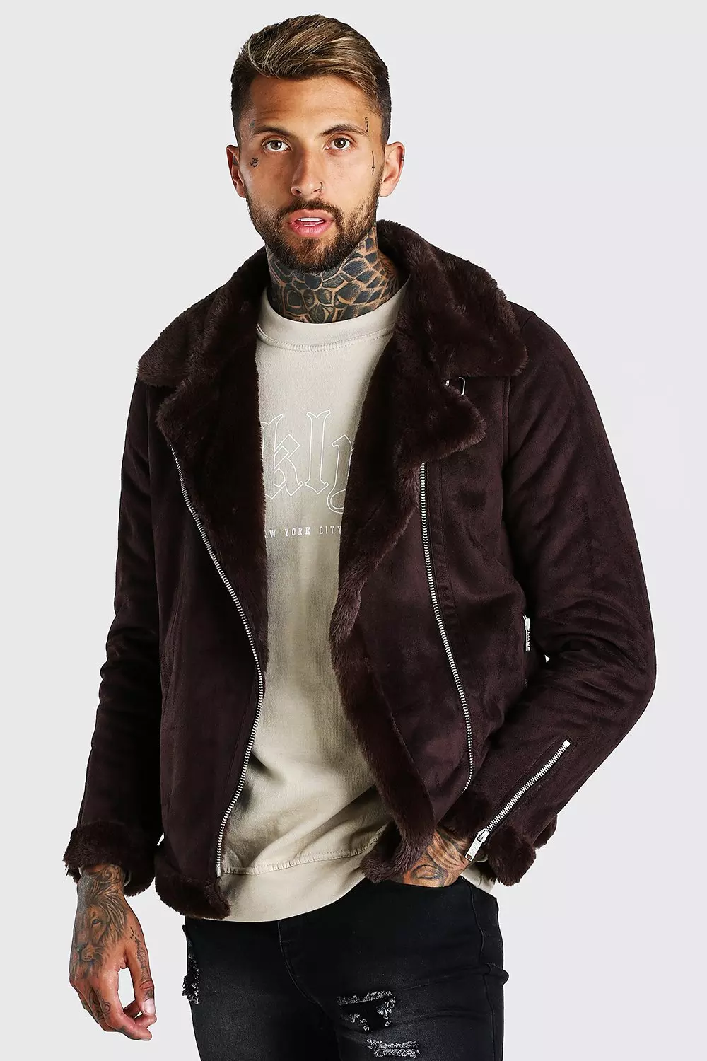 Faux Fur Lined Suede Aviator Jacket