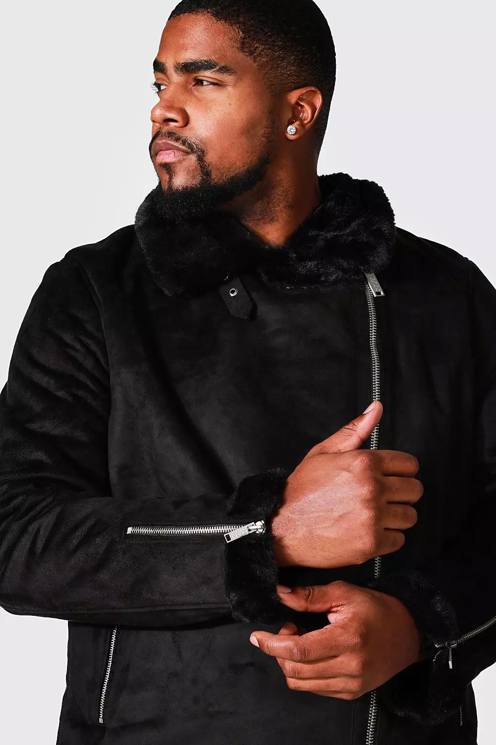 Boohooman aviator jacket with faux fur on sale lining in black