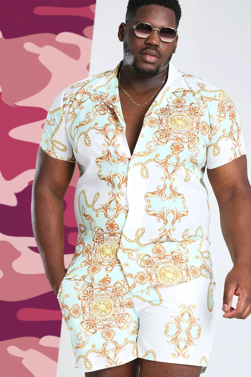 Plus Size Baroque Print Shirt And Swim Set