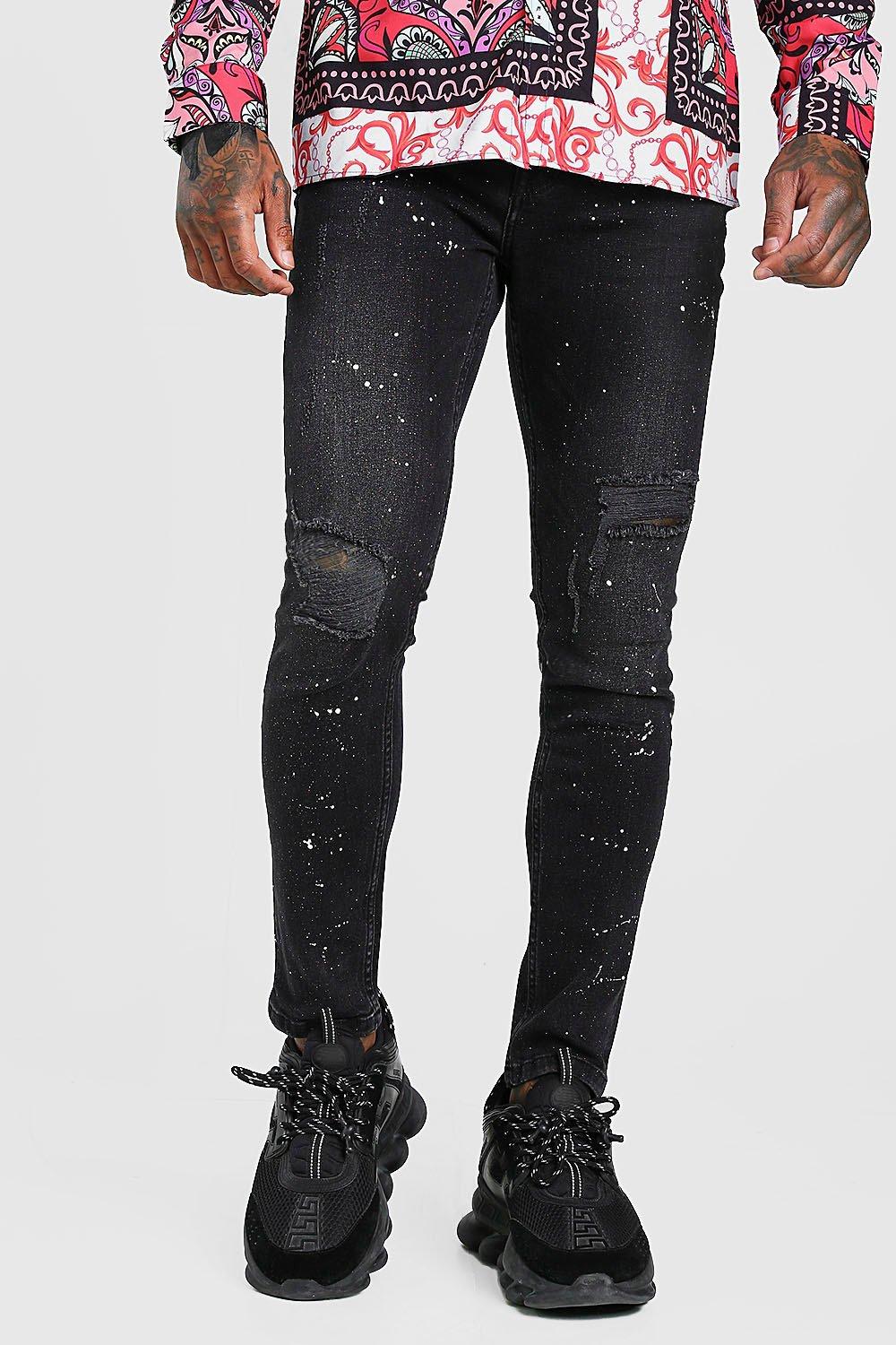 mens black spray on ripped jeans