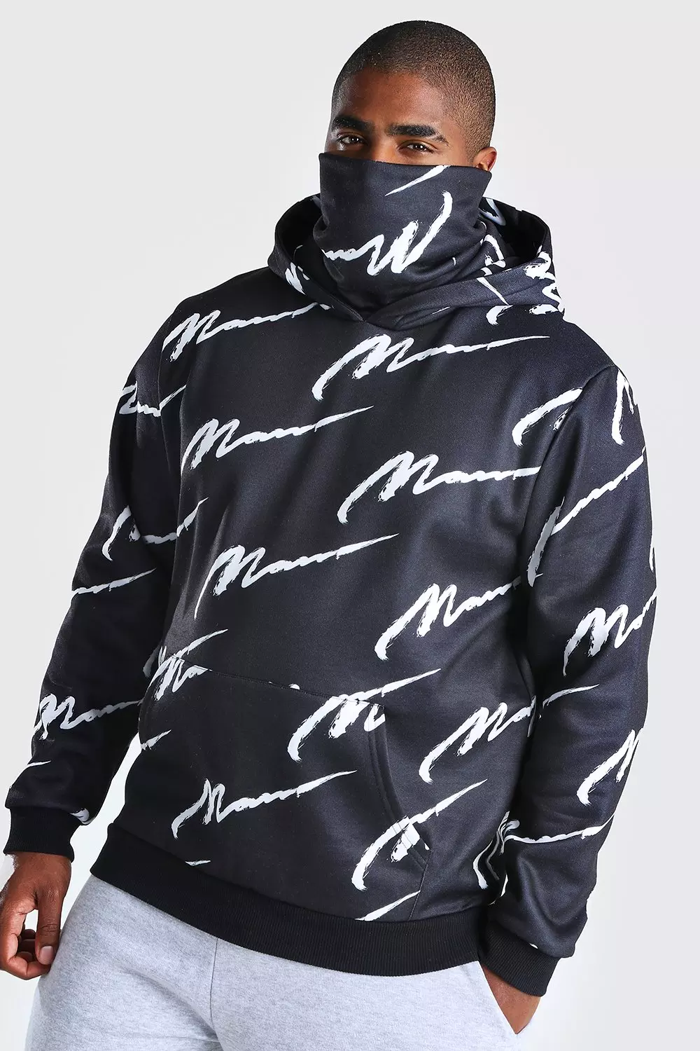 Plus Size MAN Script Snood Hoodie boohooMAN USA