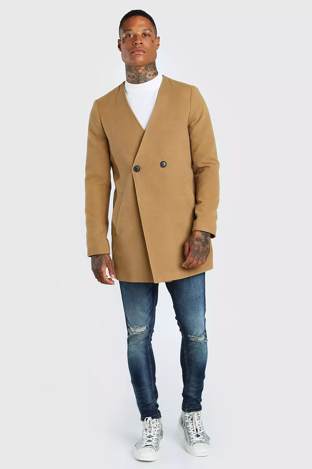 Collarless camel hot sale coat