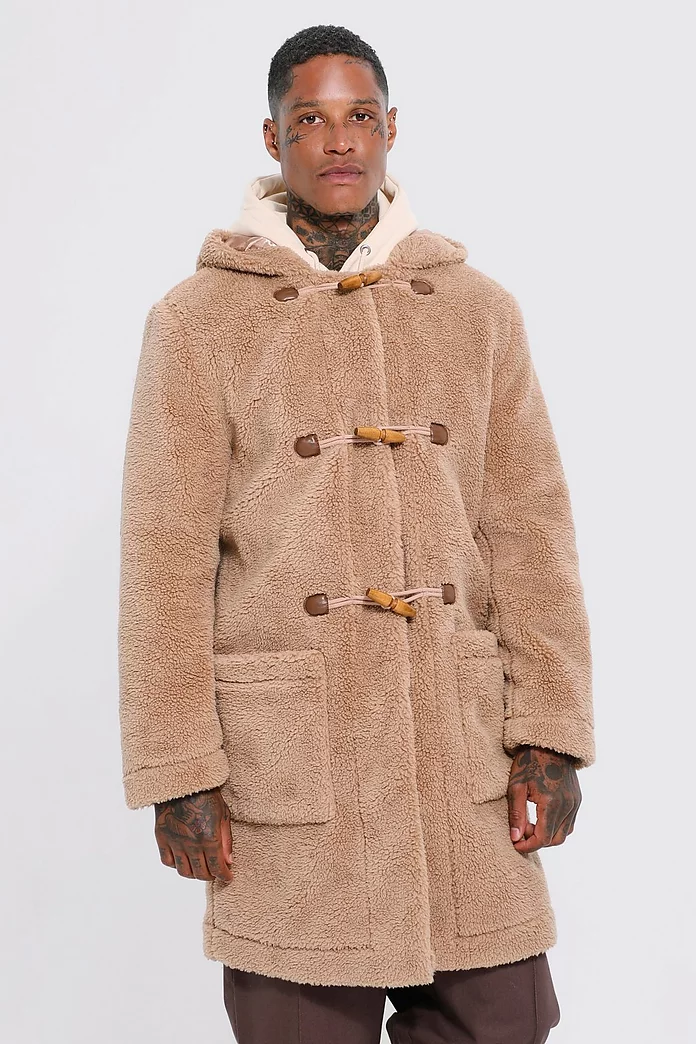 BoohooMAN Denim Borg Hooded Duffle Coat in Chocolate for Men Brown Mens Clothing Coats Long coats and winter coats 