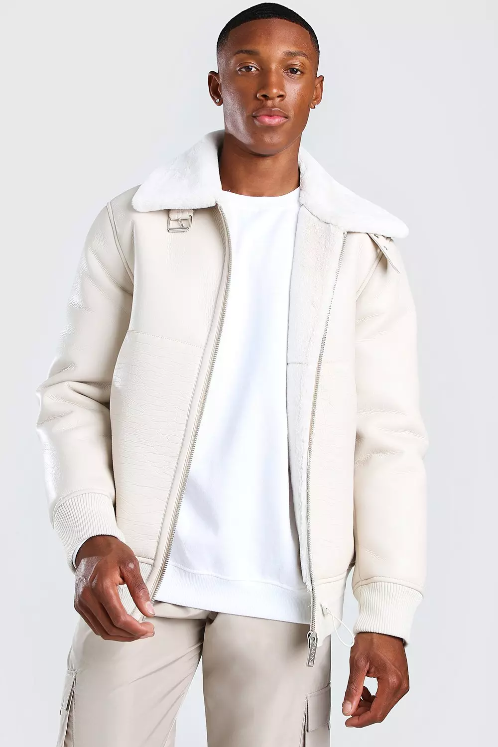 Tall Cream Faux Leather Varsity Bomber Jacket