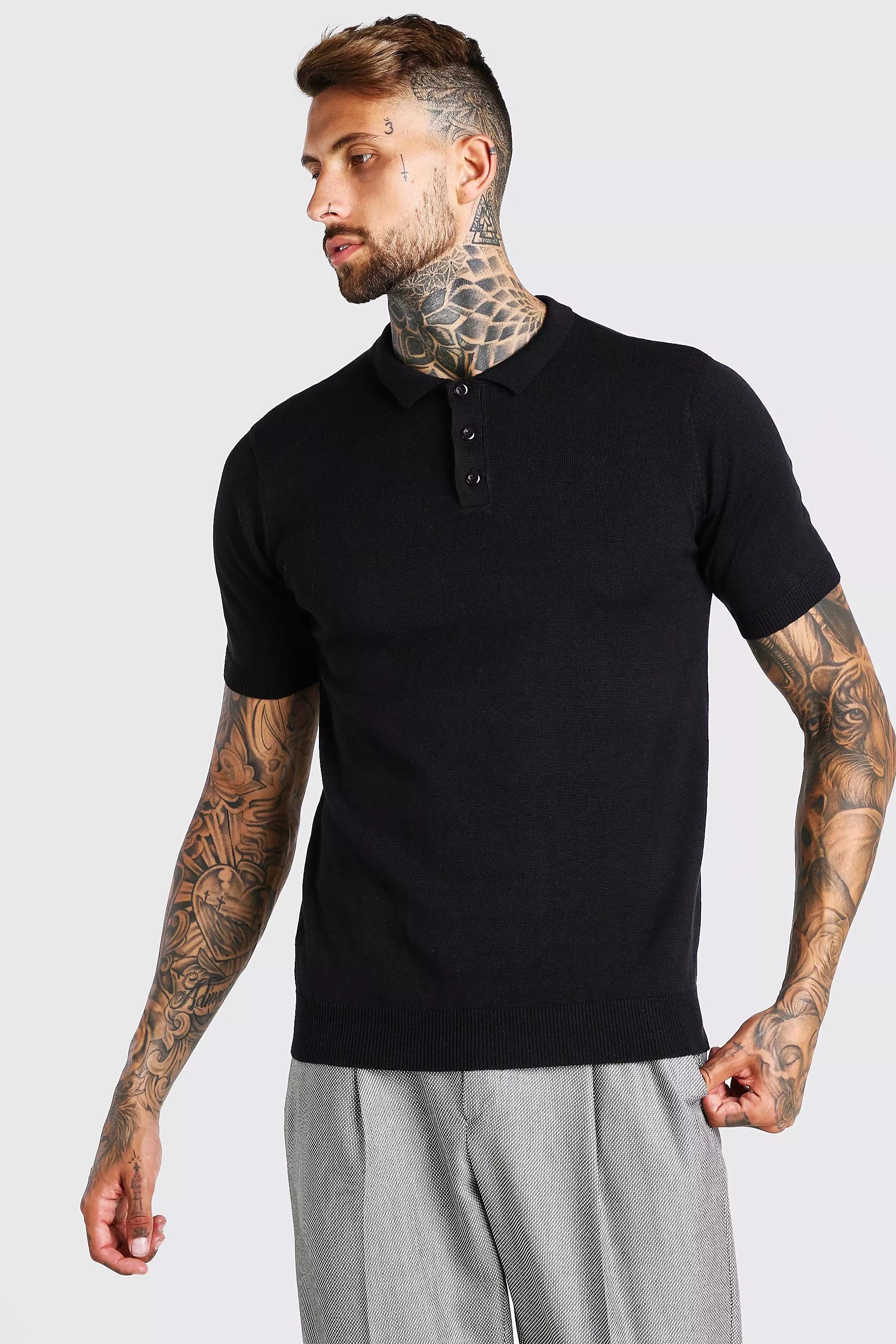 boohooMAN Mens Short Sleeve Muscle Fit Colour Block Knit Polo - Black