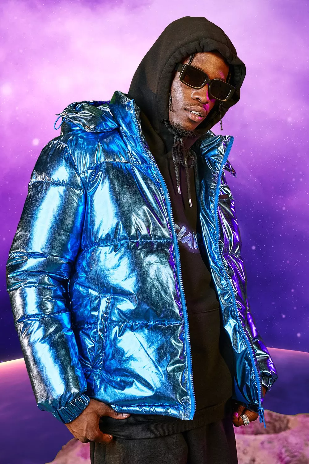 styling/ Vengeance78 Blue Metallic Puffer Jacket, Incorporated Style