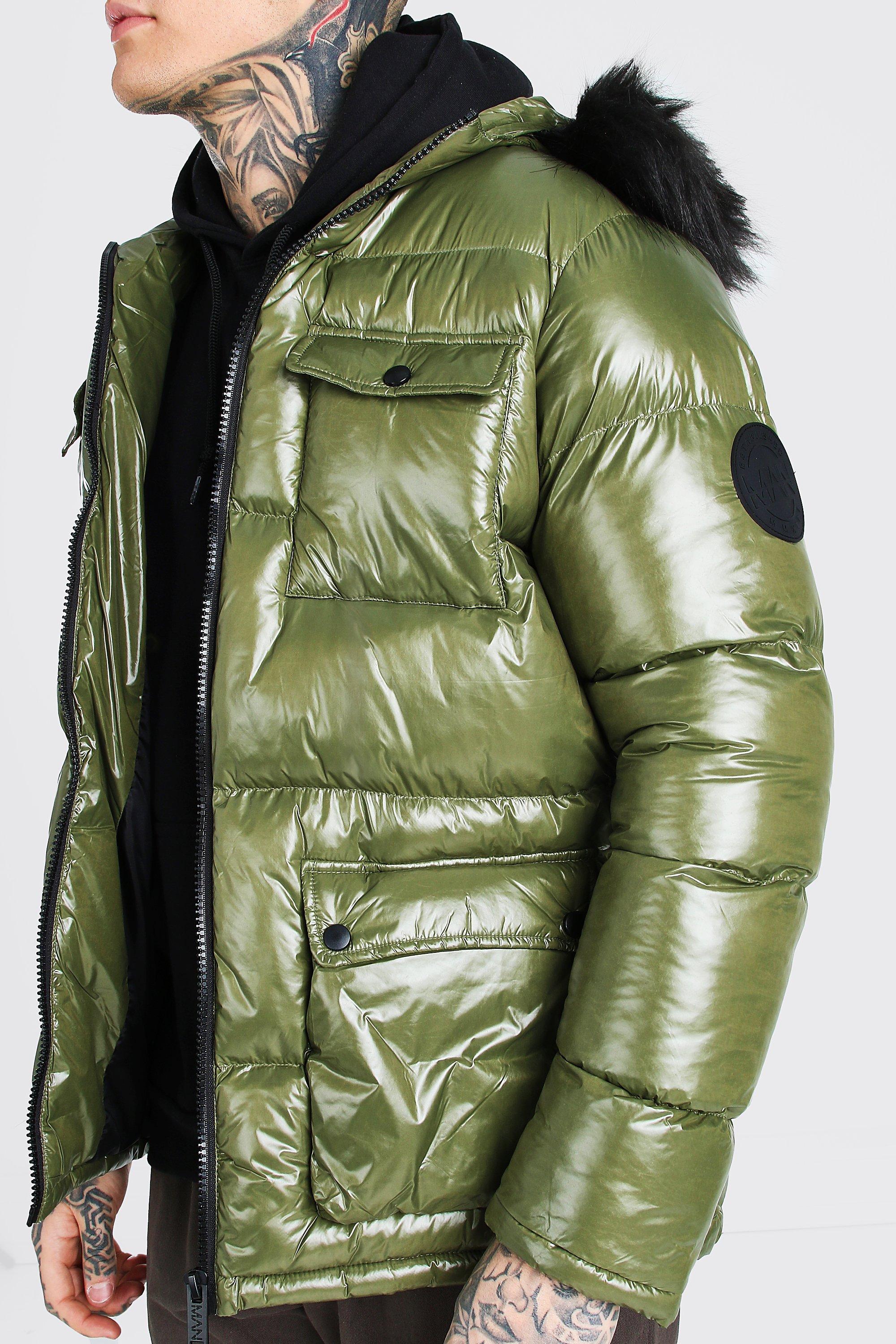 high shine 4 pocket fur trim hood parka