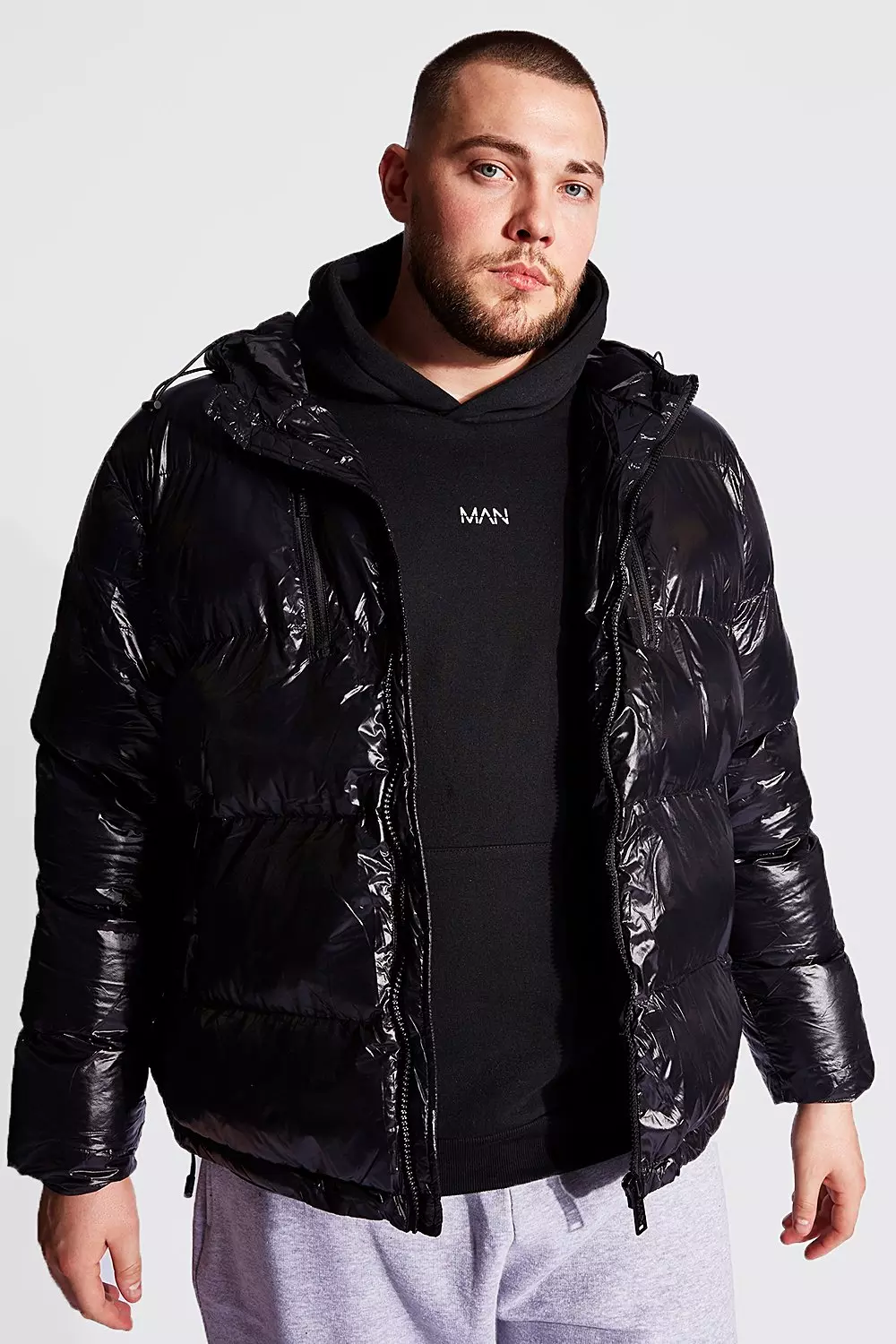 Boohooman puffer jacket sales black