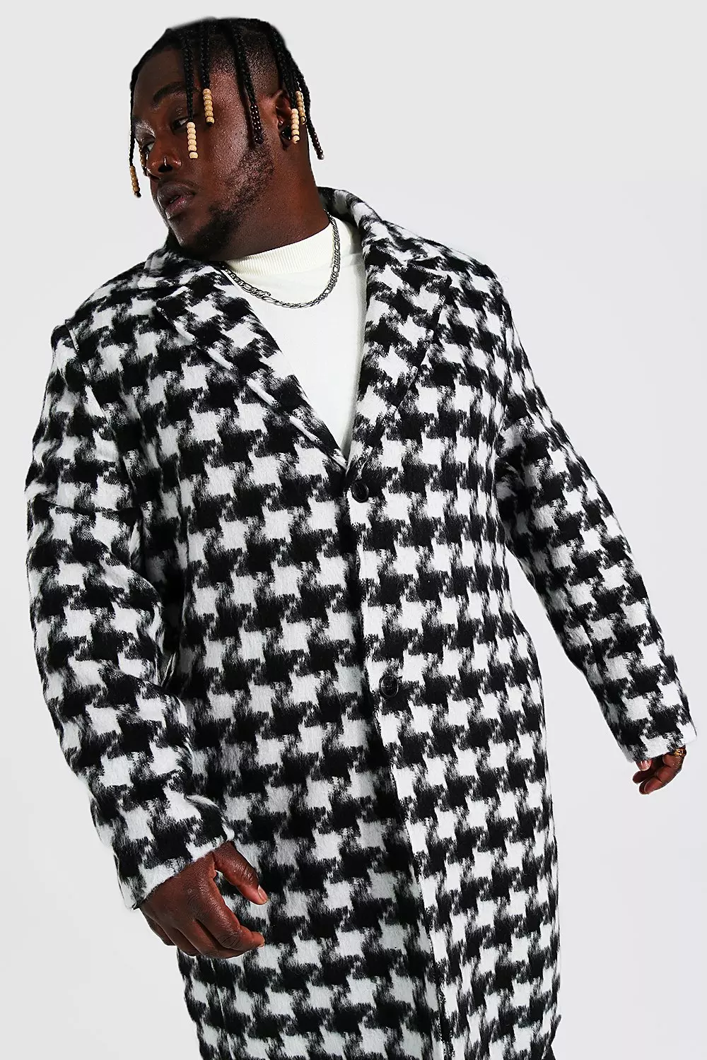 Plus Size Houndstooth Longline Overcoat