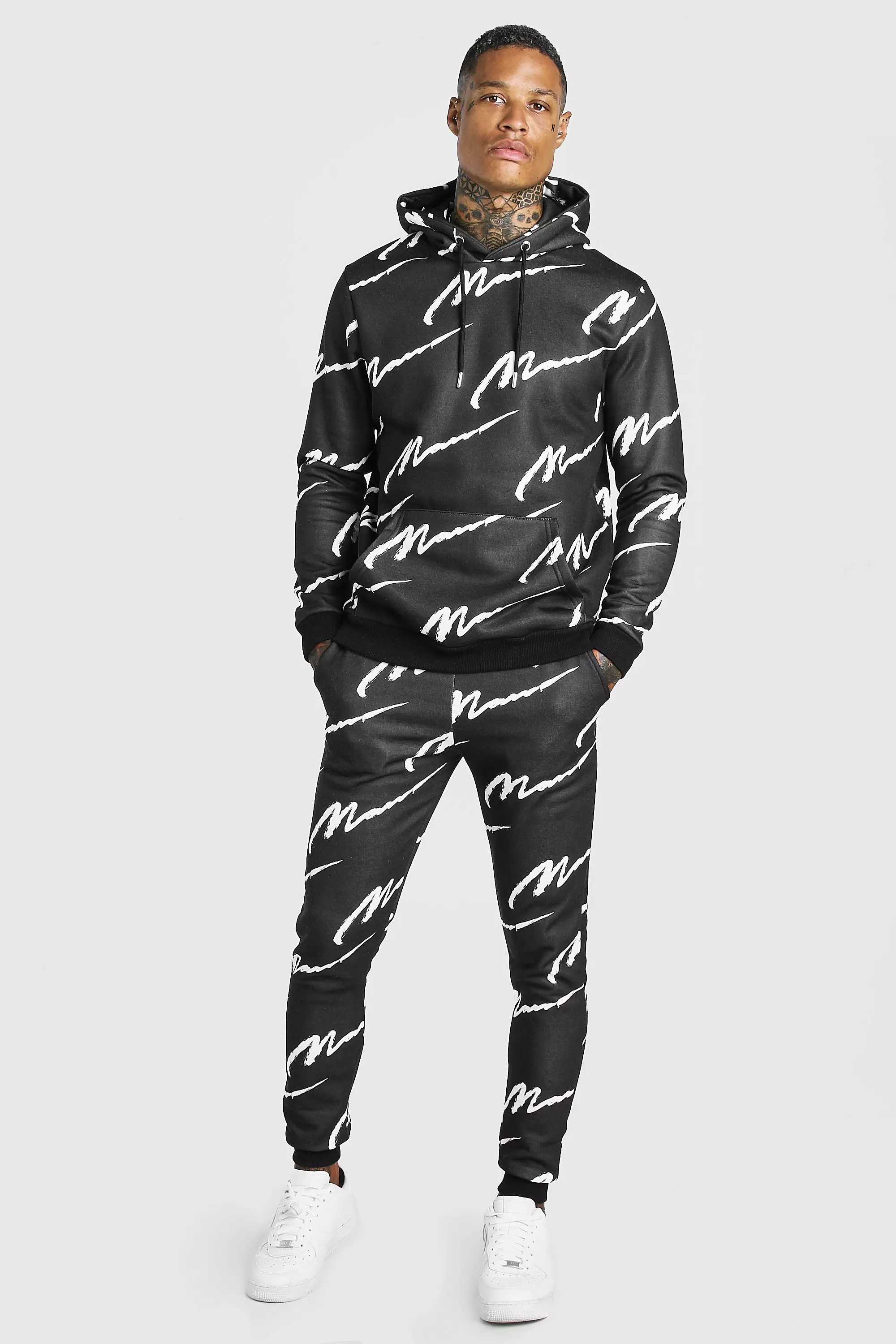 Boohooman all over store man printed tracksuit