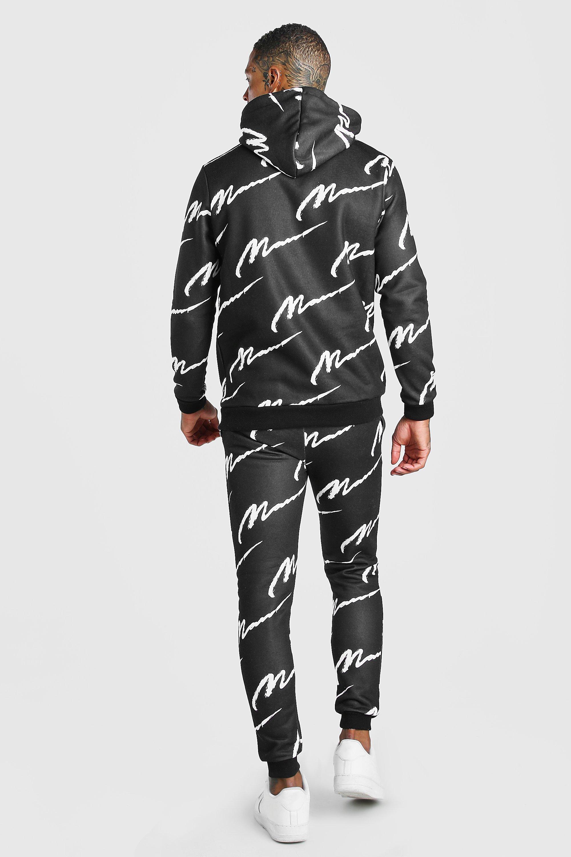 all over man printed hooded tracksuit black