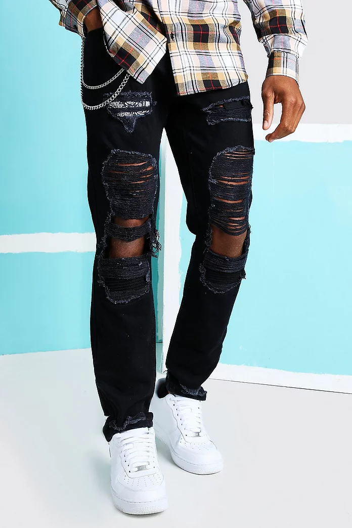 Skinny Rigid Bandana Rip Jeans with Chain