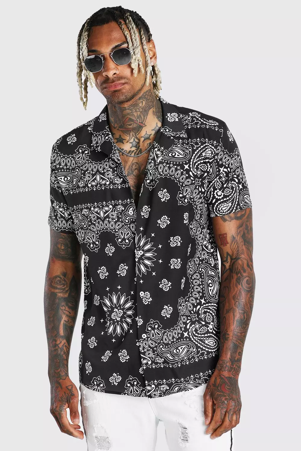 Buy Cubavera Men's Bandana Print Short Sleeve Shirt, Jet Black, XX Large at