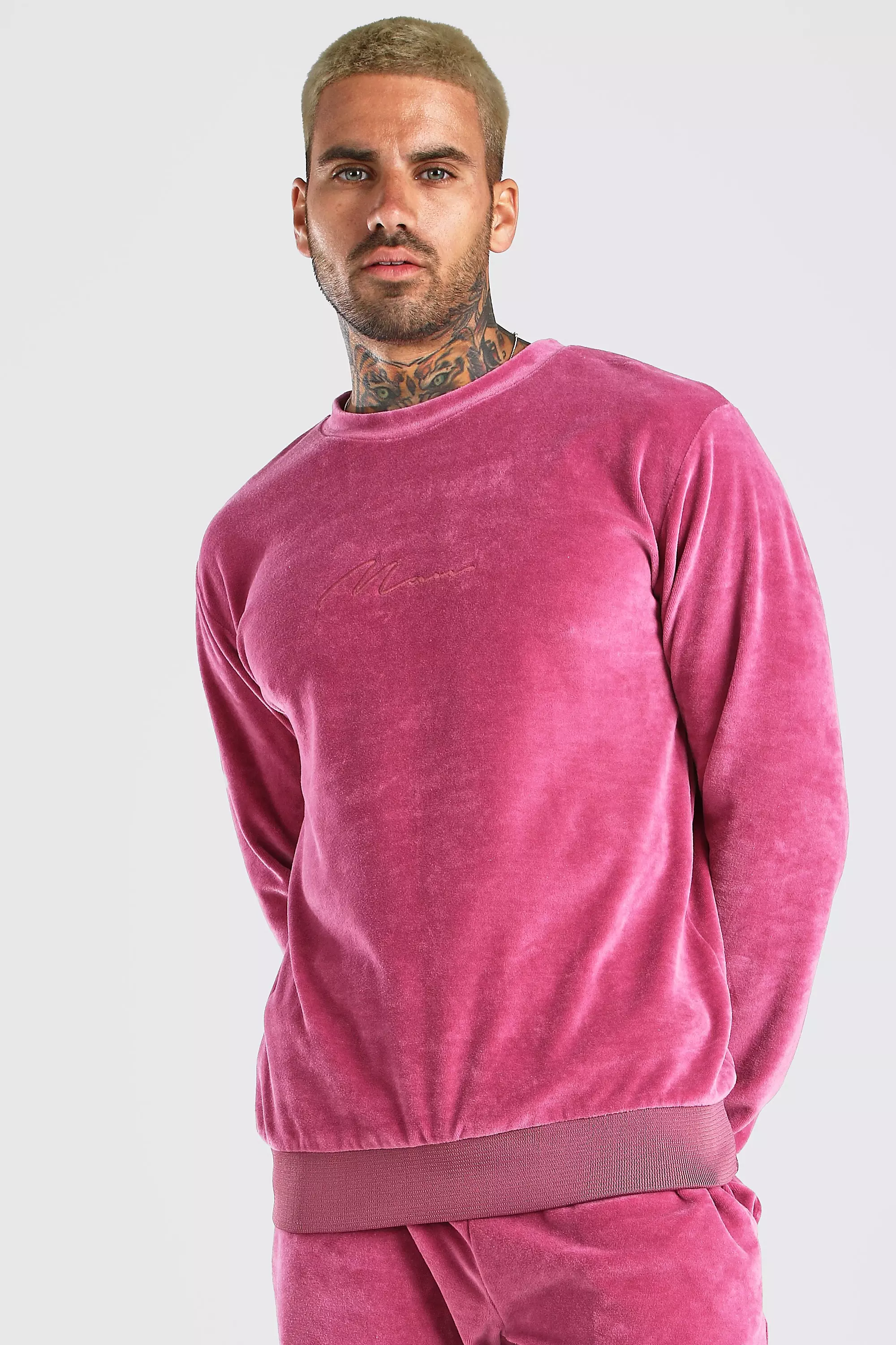 MAN Signature Velour Sweater Short Tracksuit boohooMAN