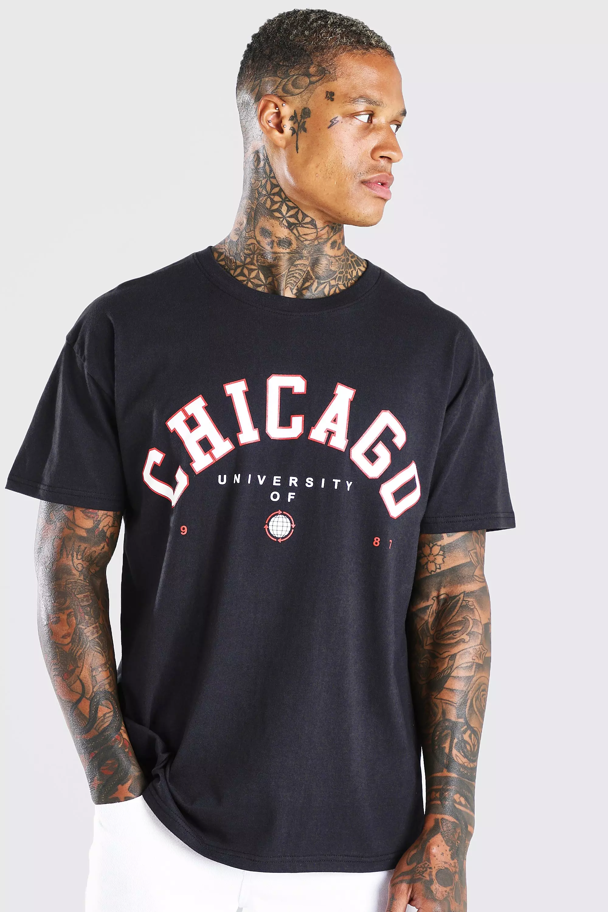boohooMAN Oversized Chicago Print T-Shirt - Beige - Size XS
