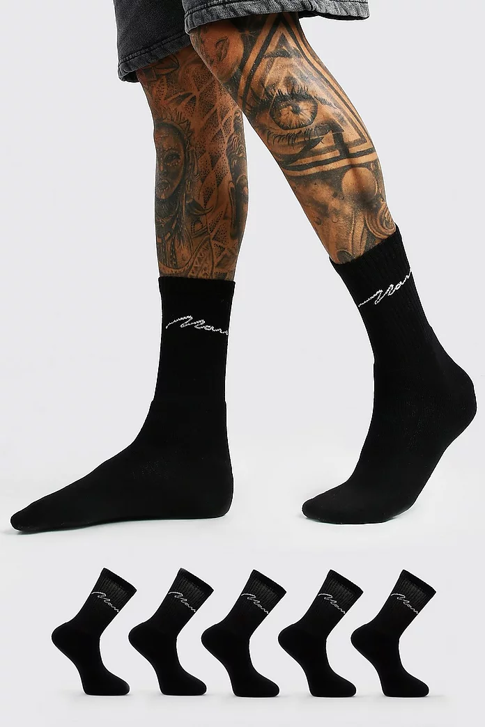 Boohoo 5 Pack Man Script Sport Sock in Black Womens Clothing Hosiery Socks 
