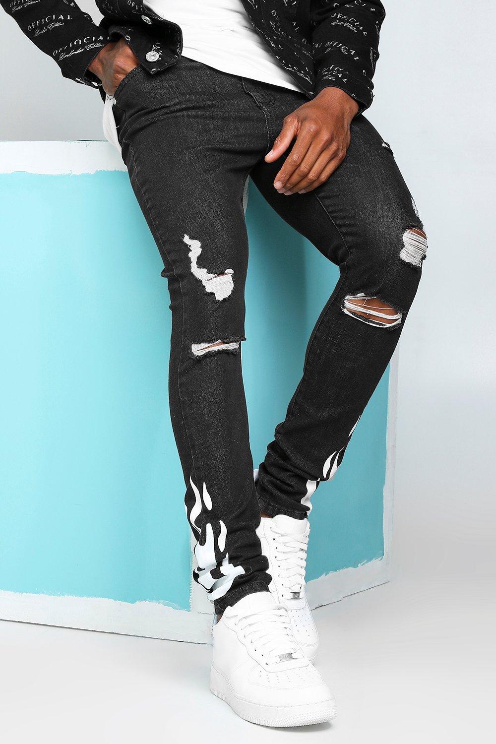 black jeans with white flames