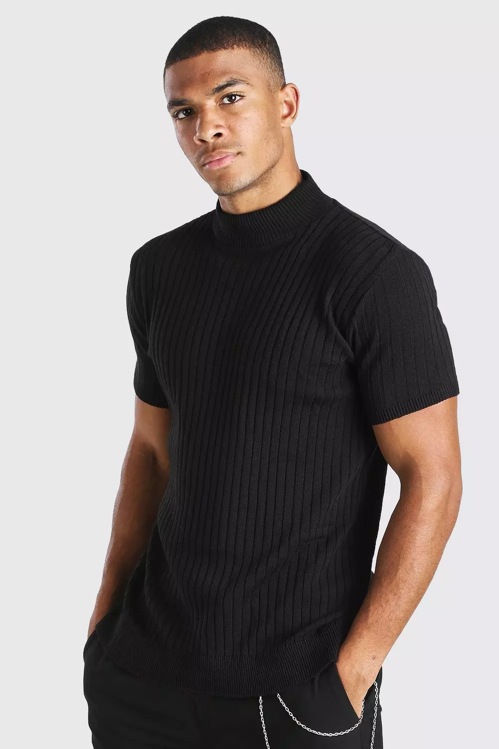 Ribbed Short Sleeve Turtle Neck Knitted T Shirt boohooMAN USA