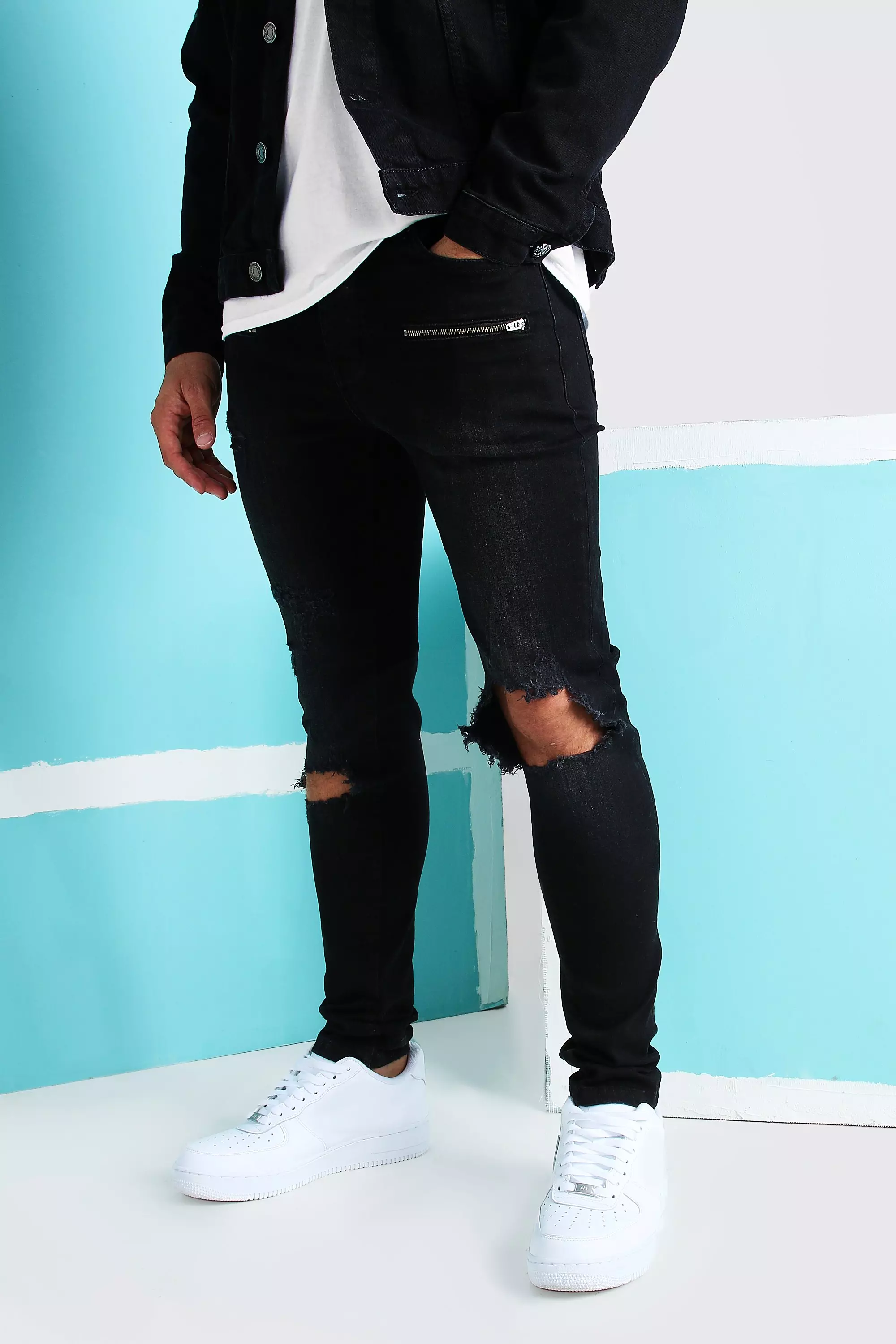 procedure Nathaniel Ward opadgående Super Skinny Blow Out Ripped Knee Jeans | BoohooMAN