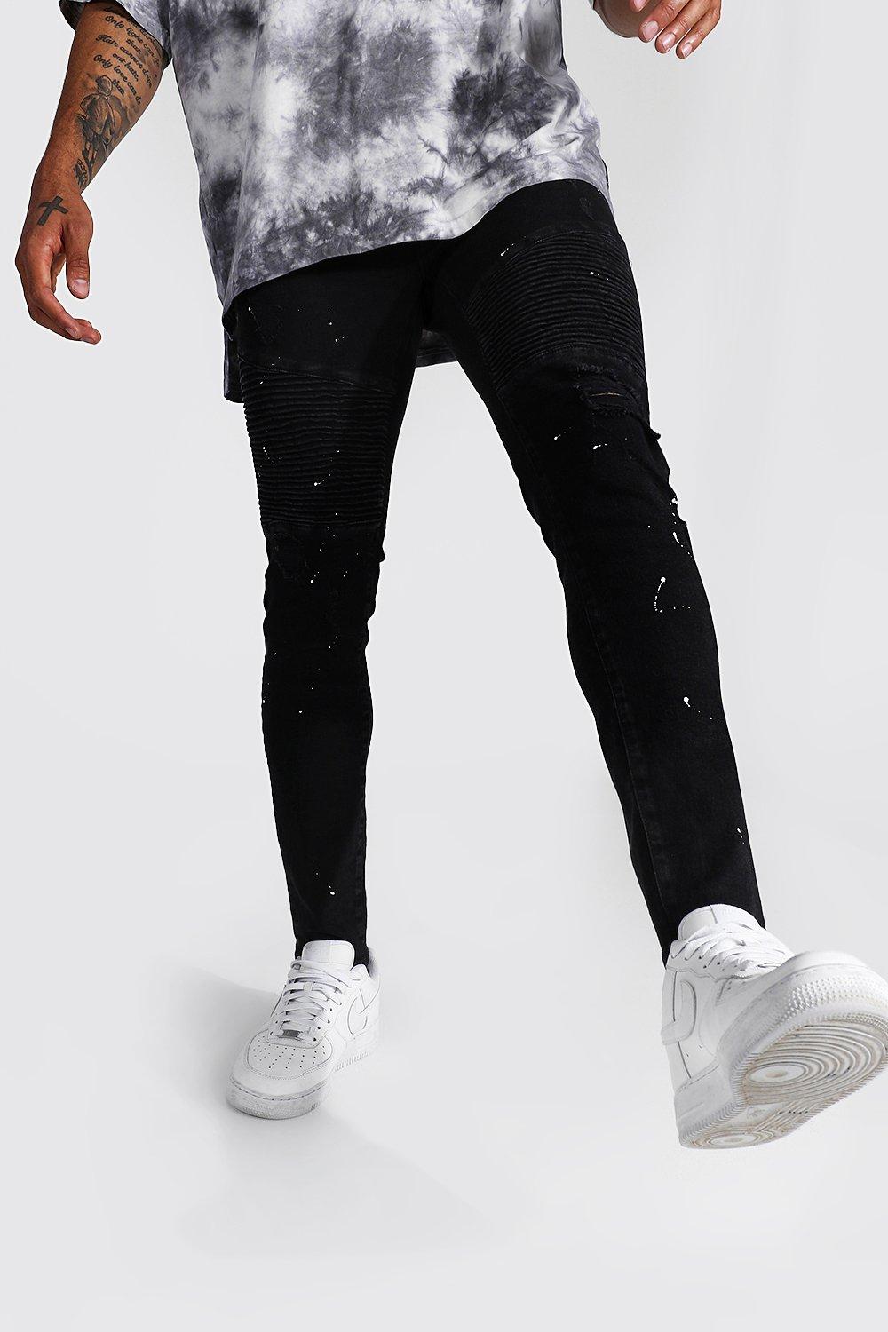 biker jeans with paint splatter