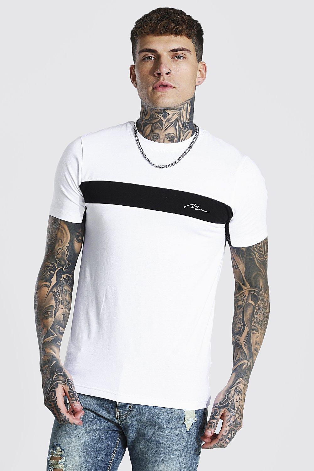 Mens White Muscle Fit Man Signature Colour Block T-shirt, White