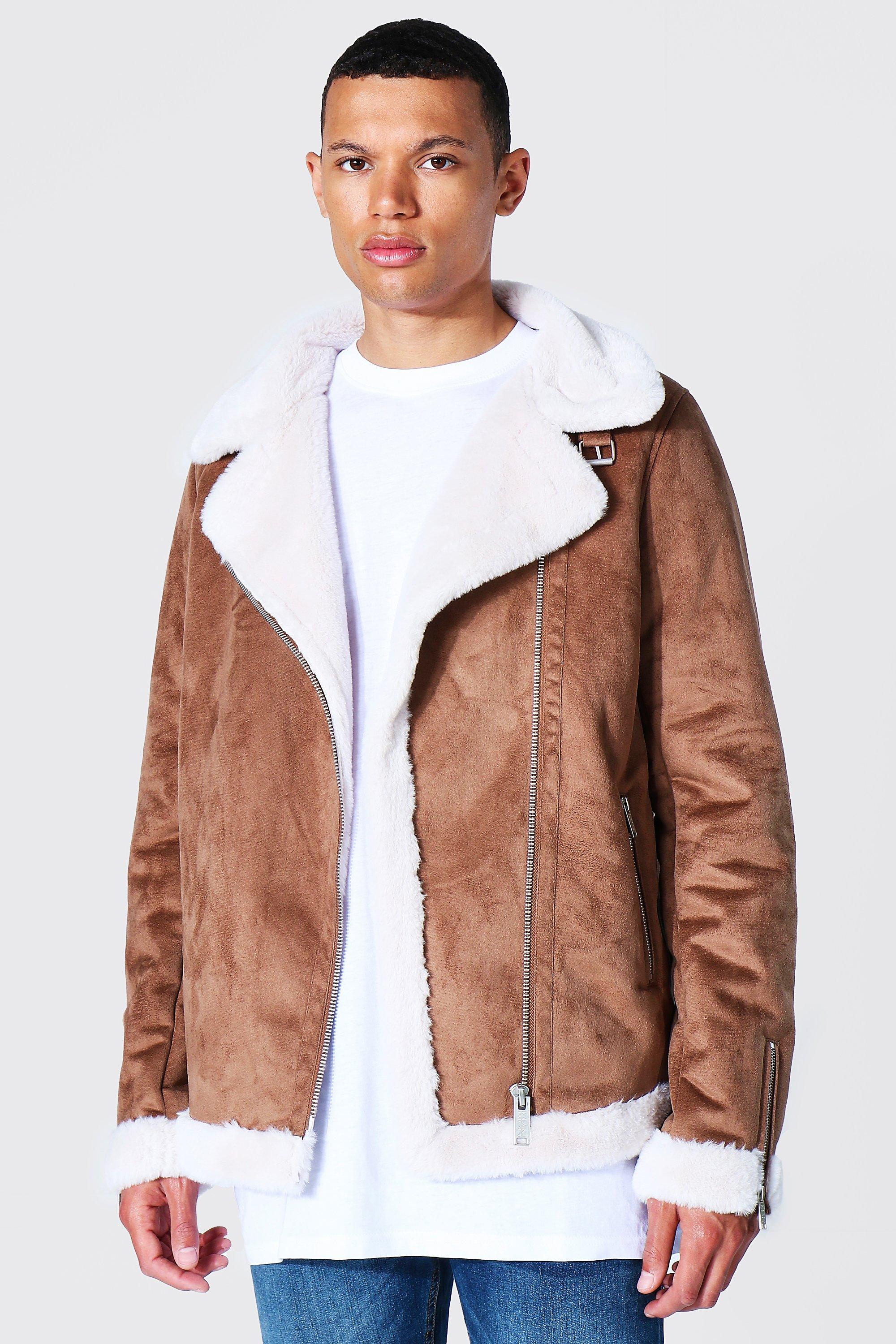 Mens Brown Tall Faux Fur Lined Suede Aviator, Brown