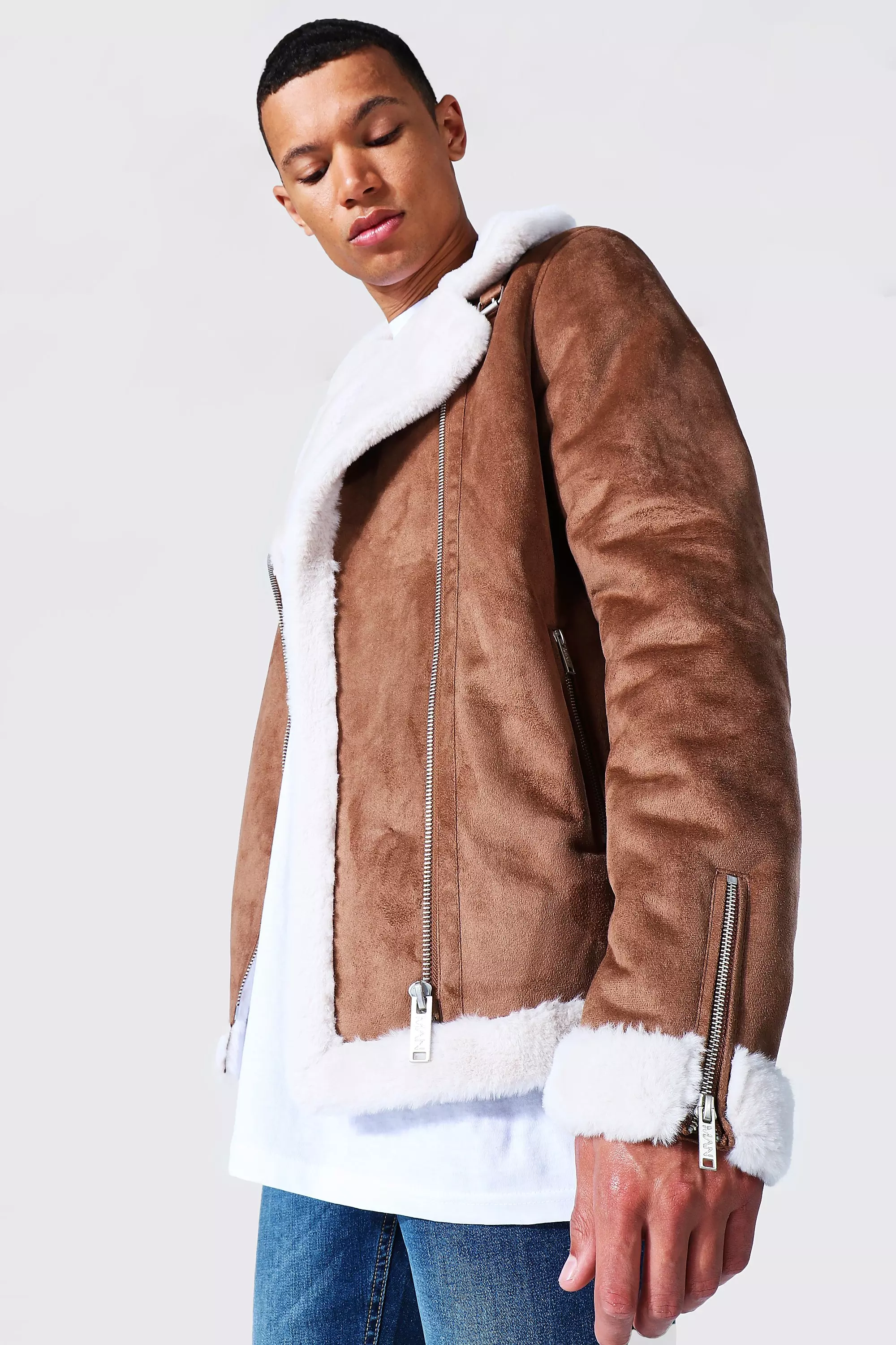 Faux Fur Lined Suede Aviator Jacket