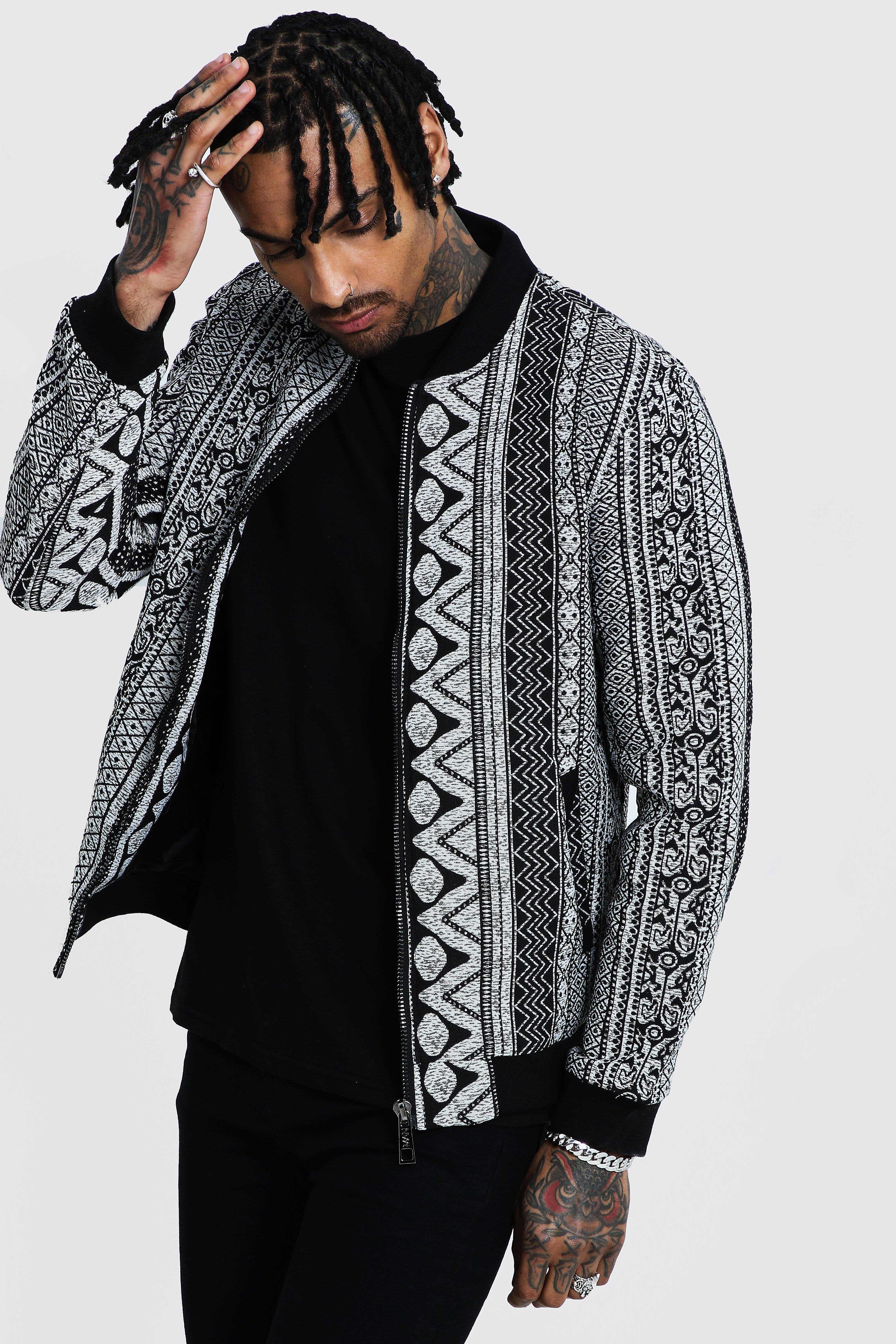 Schwarz Weisse Bomberjacke Aus Jacquard Mit Azteken Print Boohooman