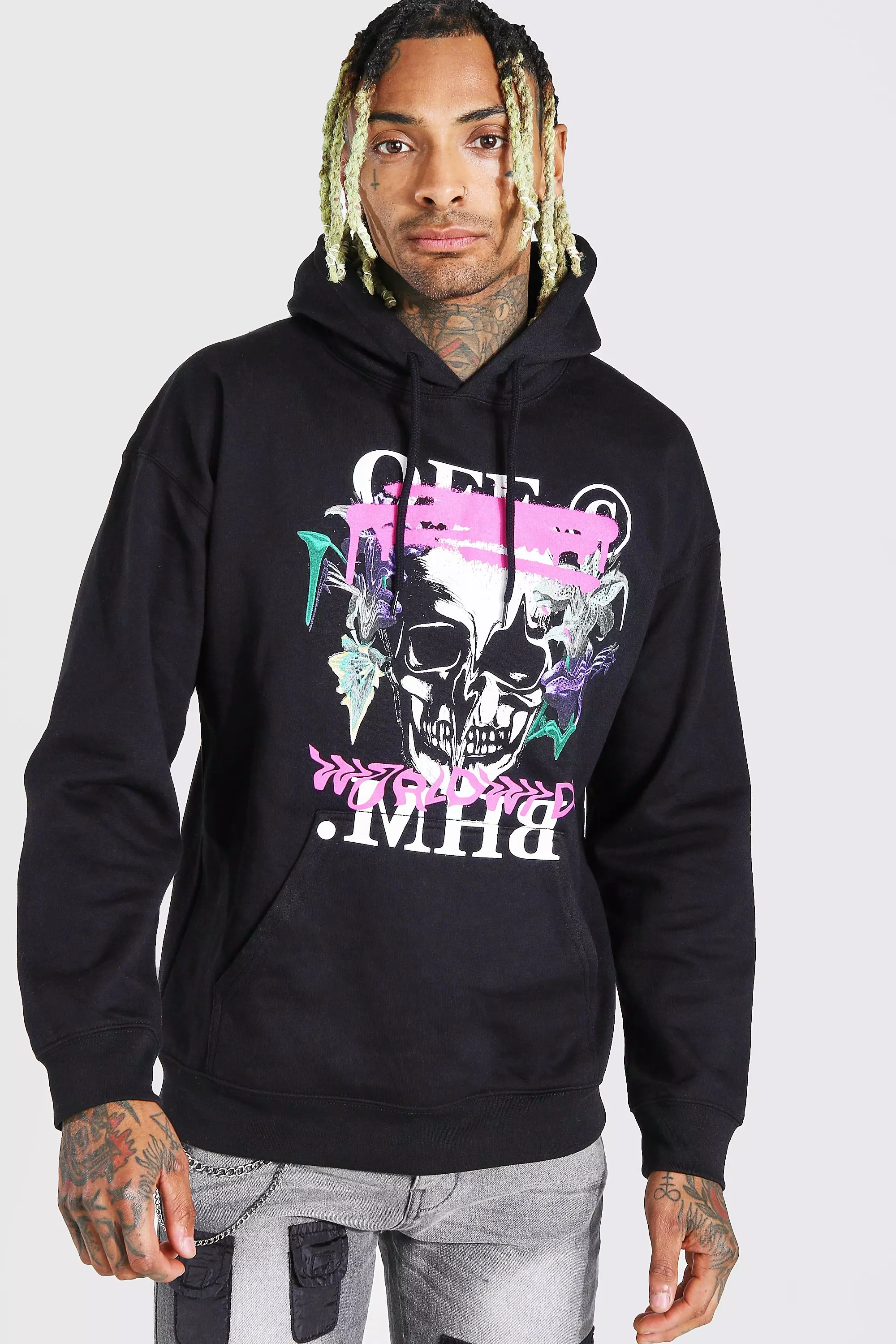 Official MAN Skull Drip Print Hoodie boohooMAN USA