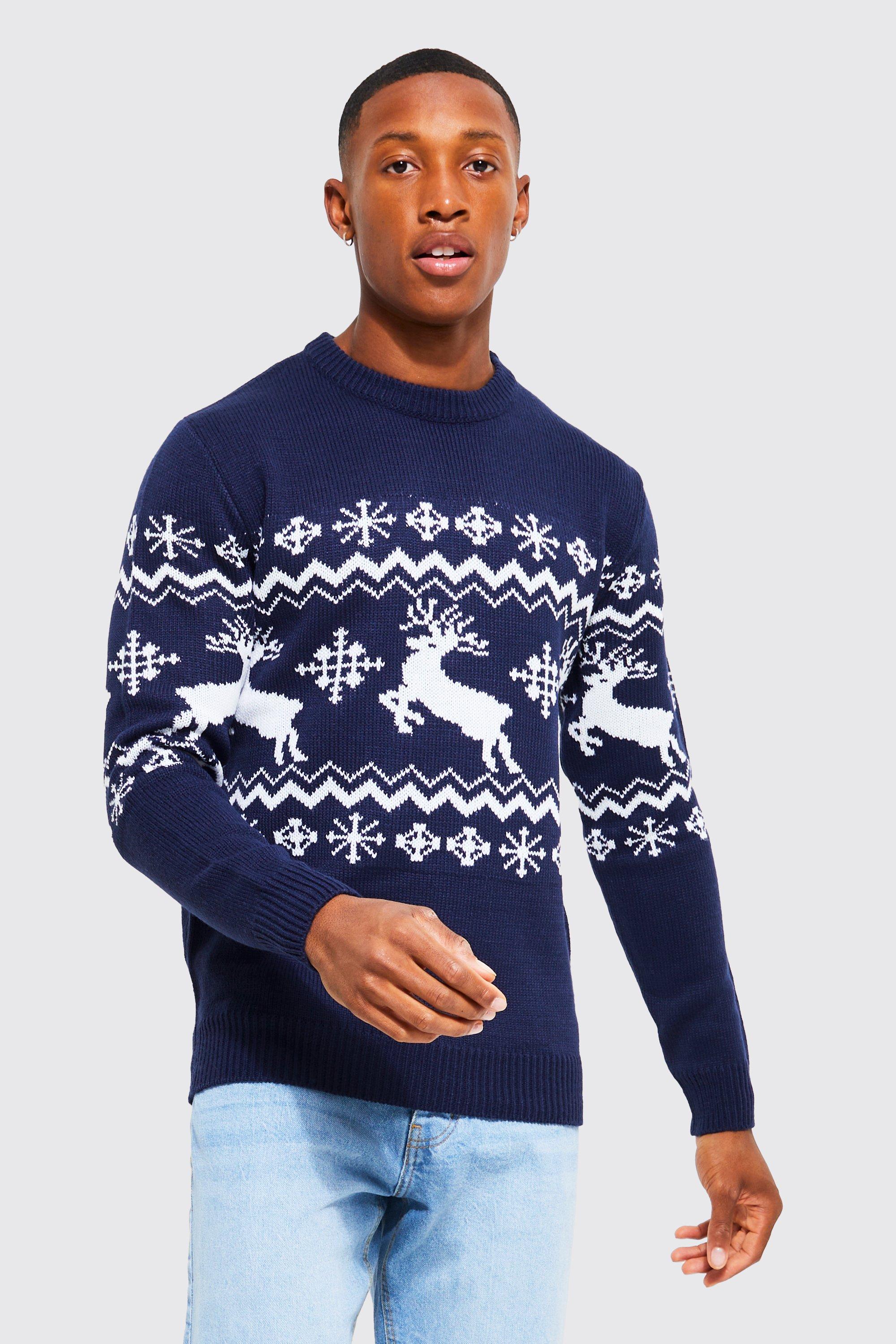 Mens Navy Reindeer Fair Isle Christmas Jumper, Navy