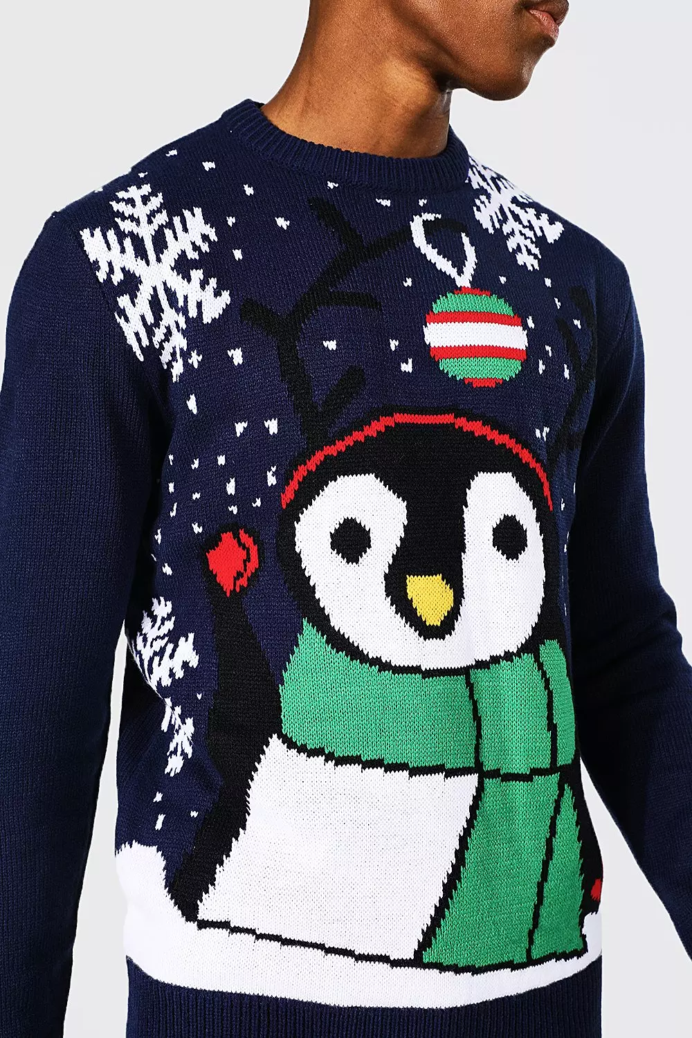 Novelty Penguin Christmas Jumper in Navy boohooMAN IE