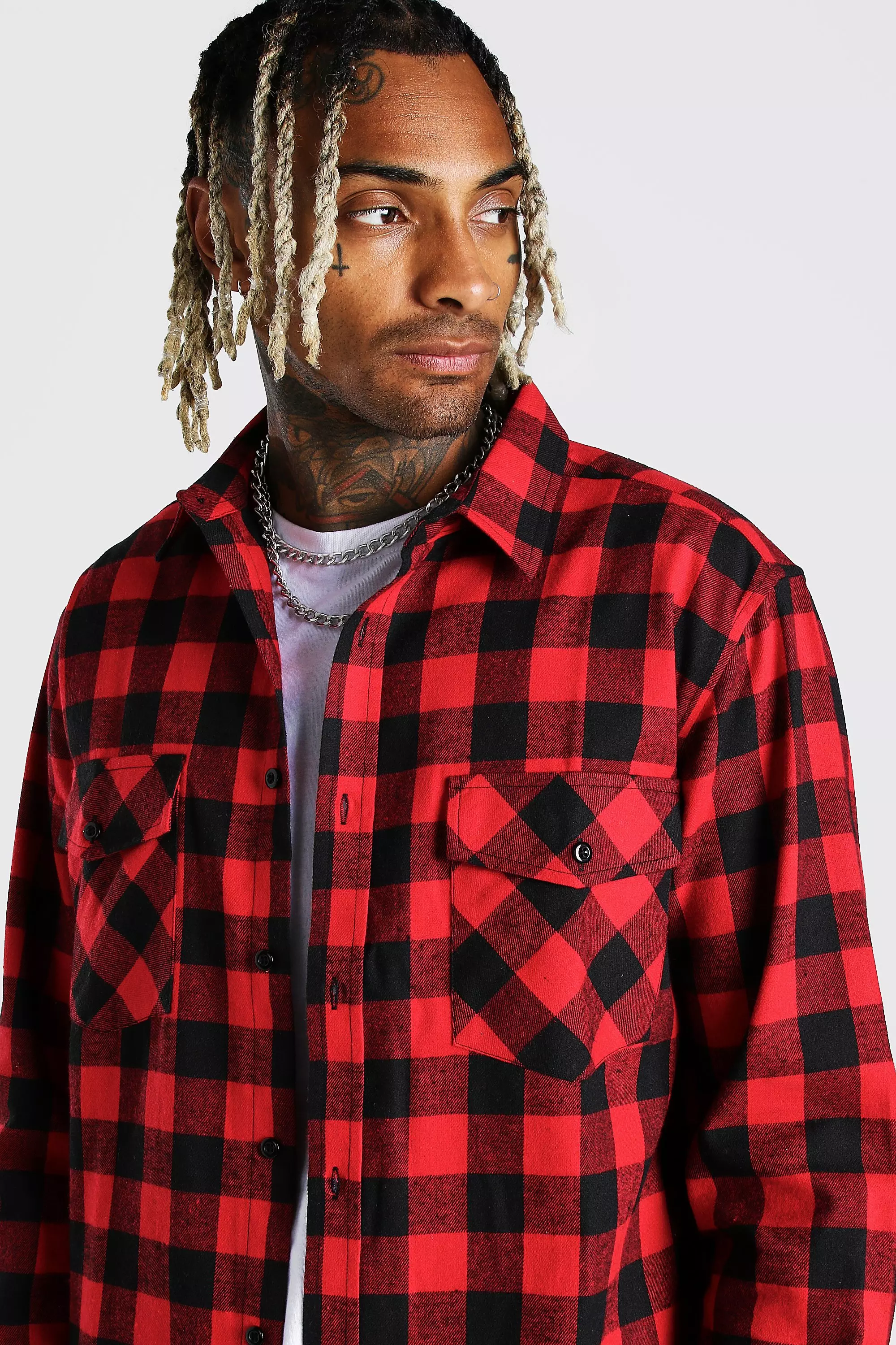 Flannel Blouson Long Sleeve Oversized Shirt