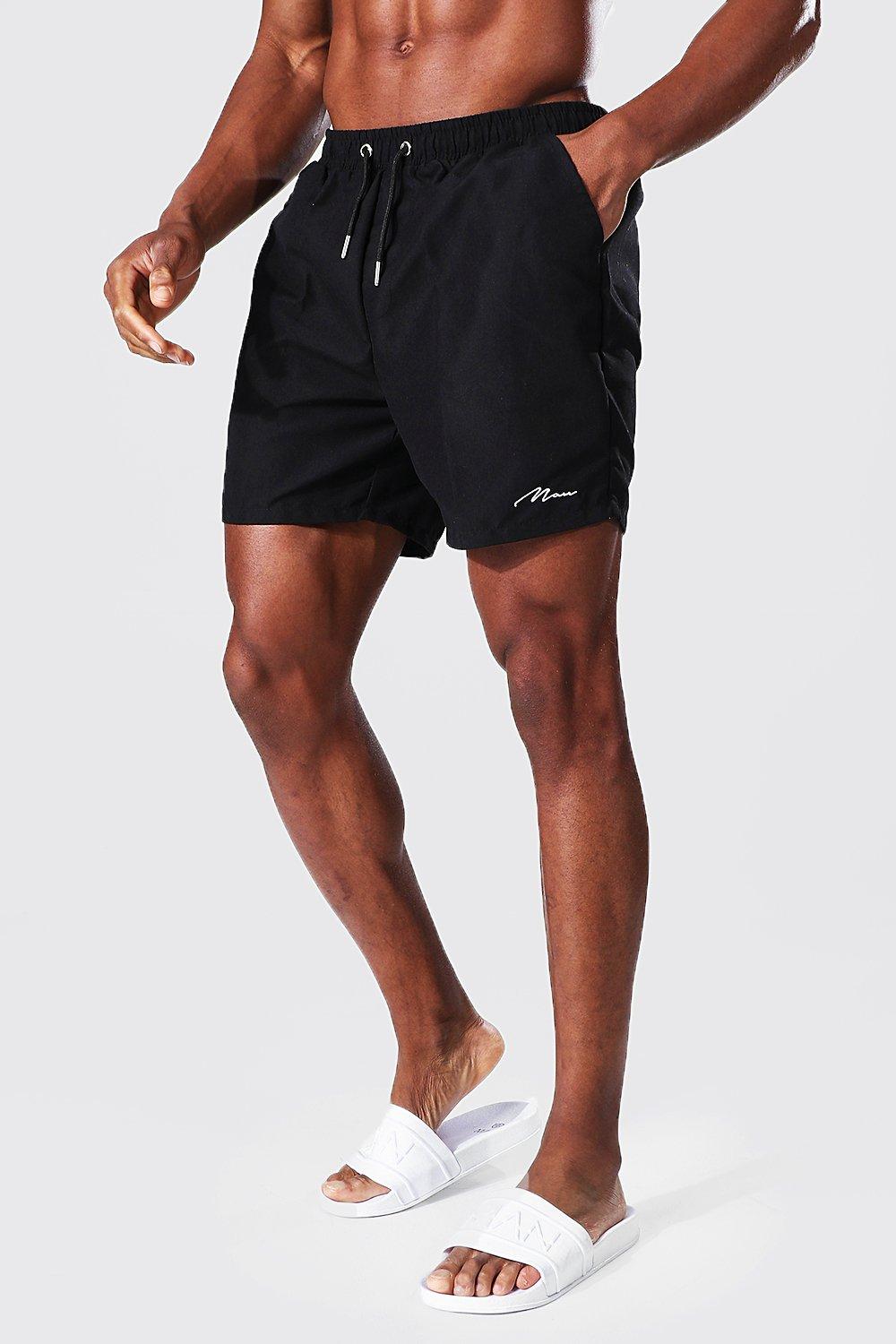 Mens Black Man Signature Mid Length Swim Shorts, Black