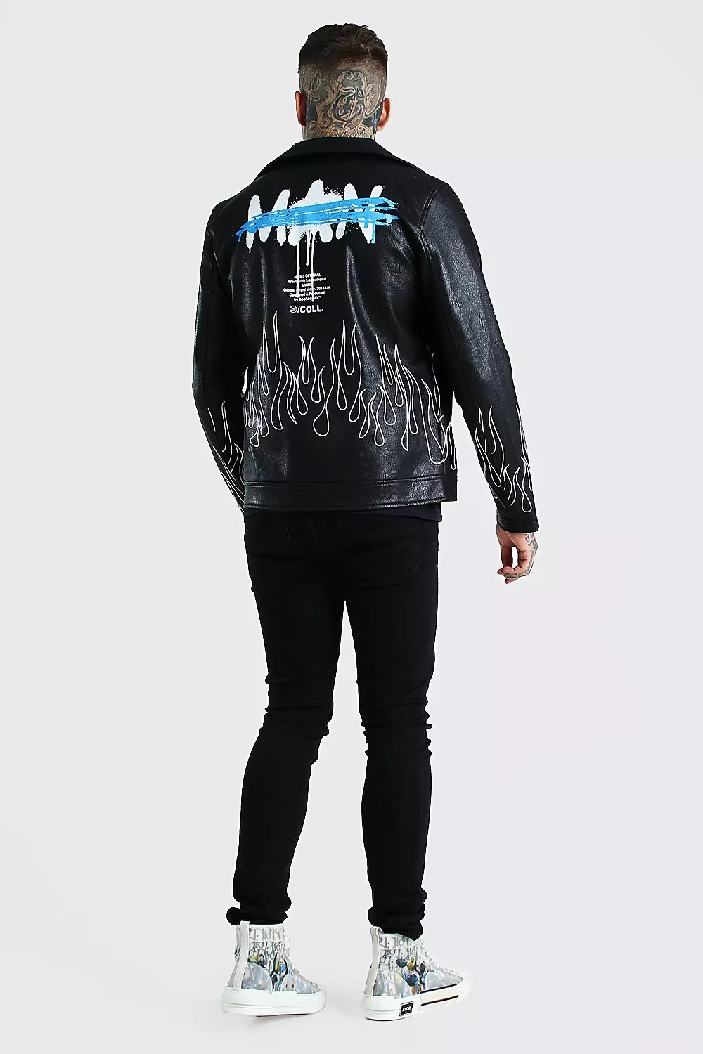 Black Faux Leather Graffiti Print Biker Jacket | boohooMAN USA