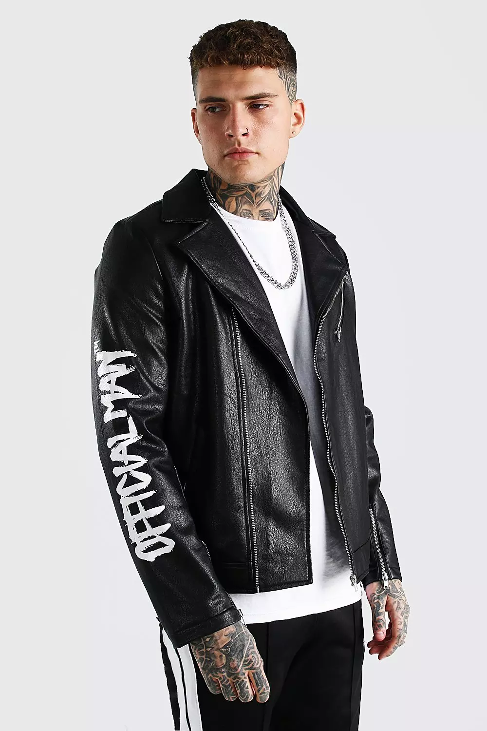 Black Faux Leather Graffiti Print Moto Jacket