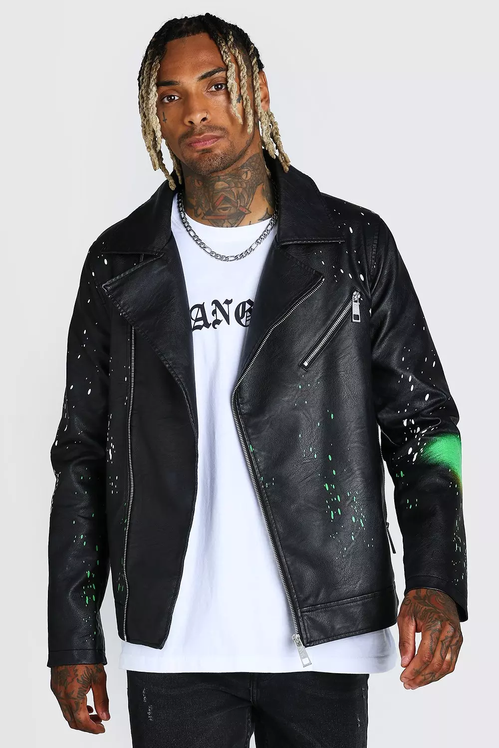Slim-Fit Paint-Splattered Printed Leather Biker Jacket