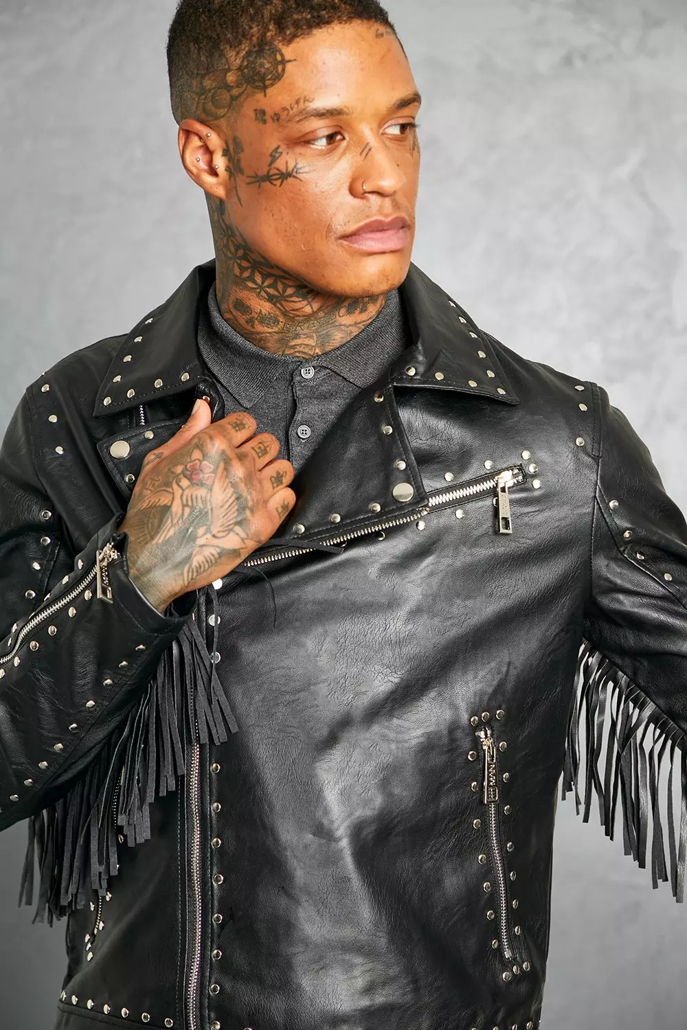 Leather Look Studded Fringe Biker Jacket | boohooMAN UK