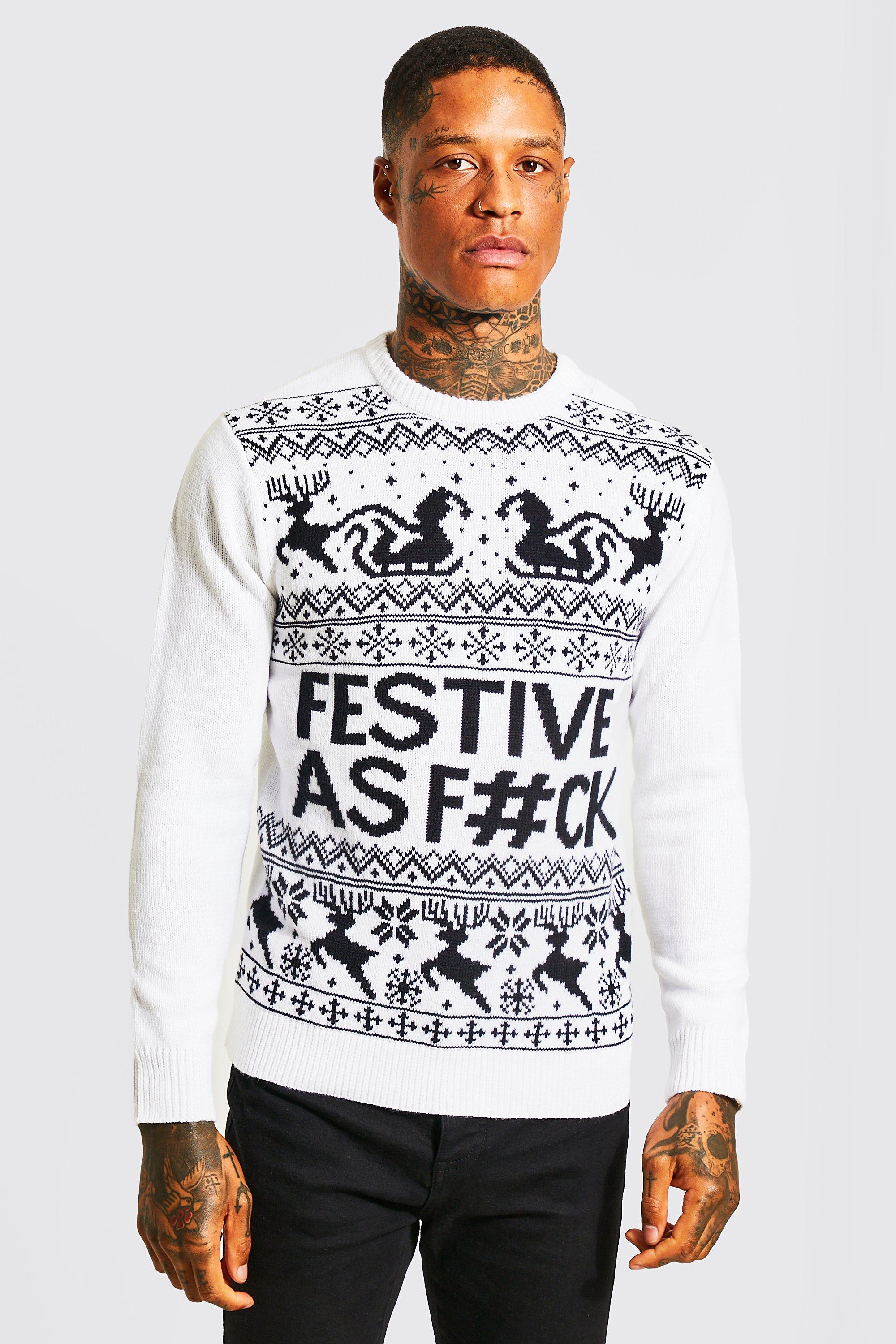 Mens White Festive Slogan Knitted Christmas Jumper, White