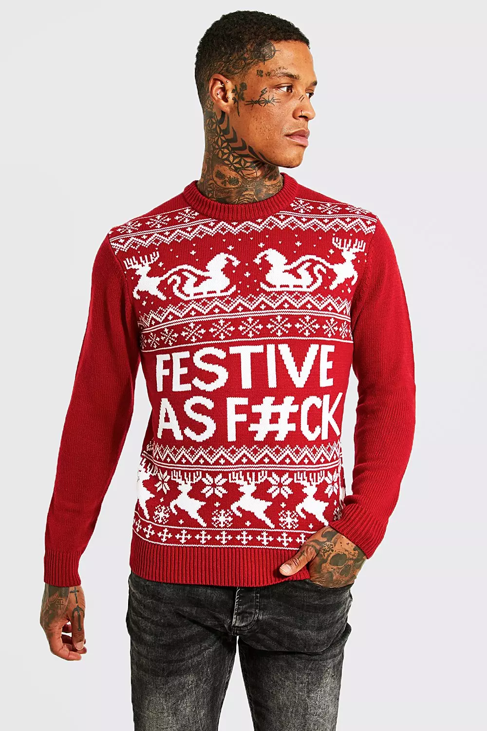 Festive Slogan Knitted Christmas Jumper boohooMAN