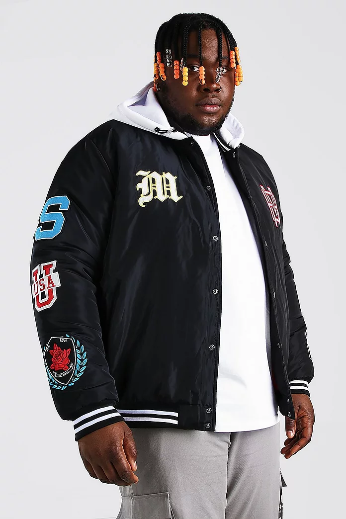 Plus Size Hooded Multi Patch Varsity Bomber | boohooMAN USA