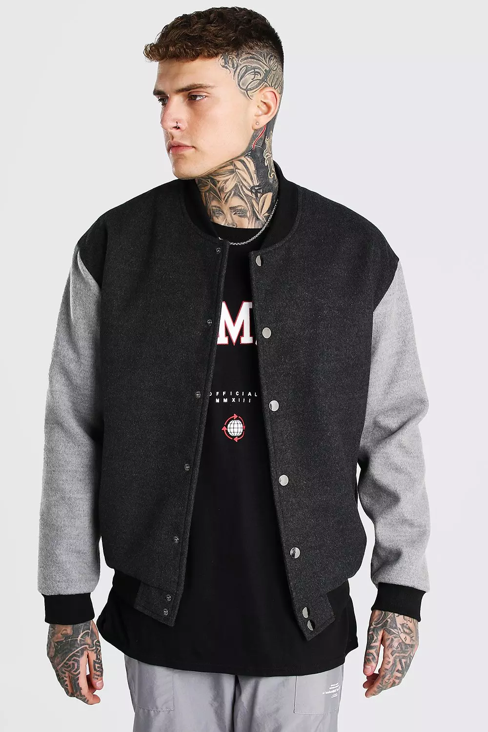 Melton Contrast Sleeve Oversized Varsity Jacket | boohooMAN USA