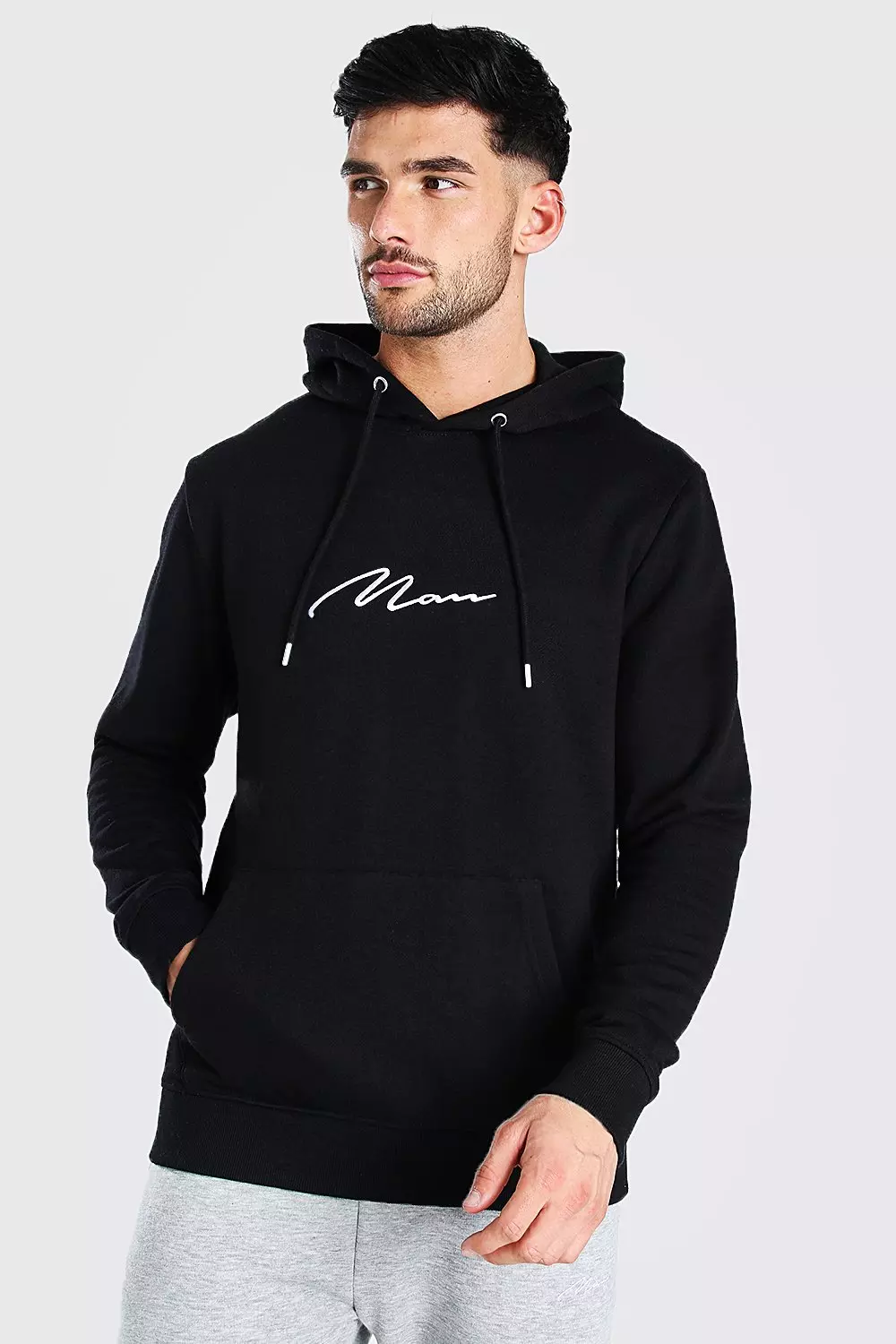 Boohooman hoodie with man embroidery 2024 in black