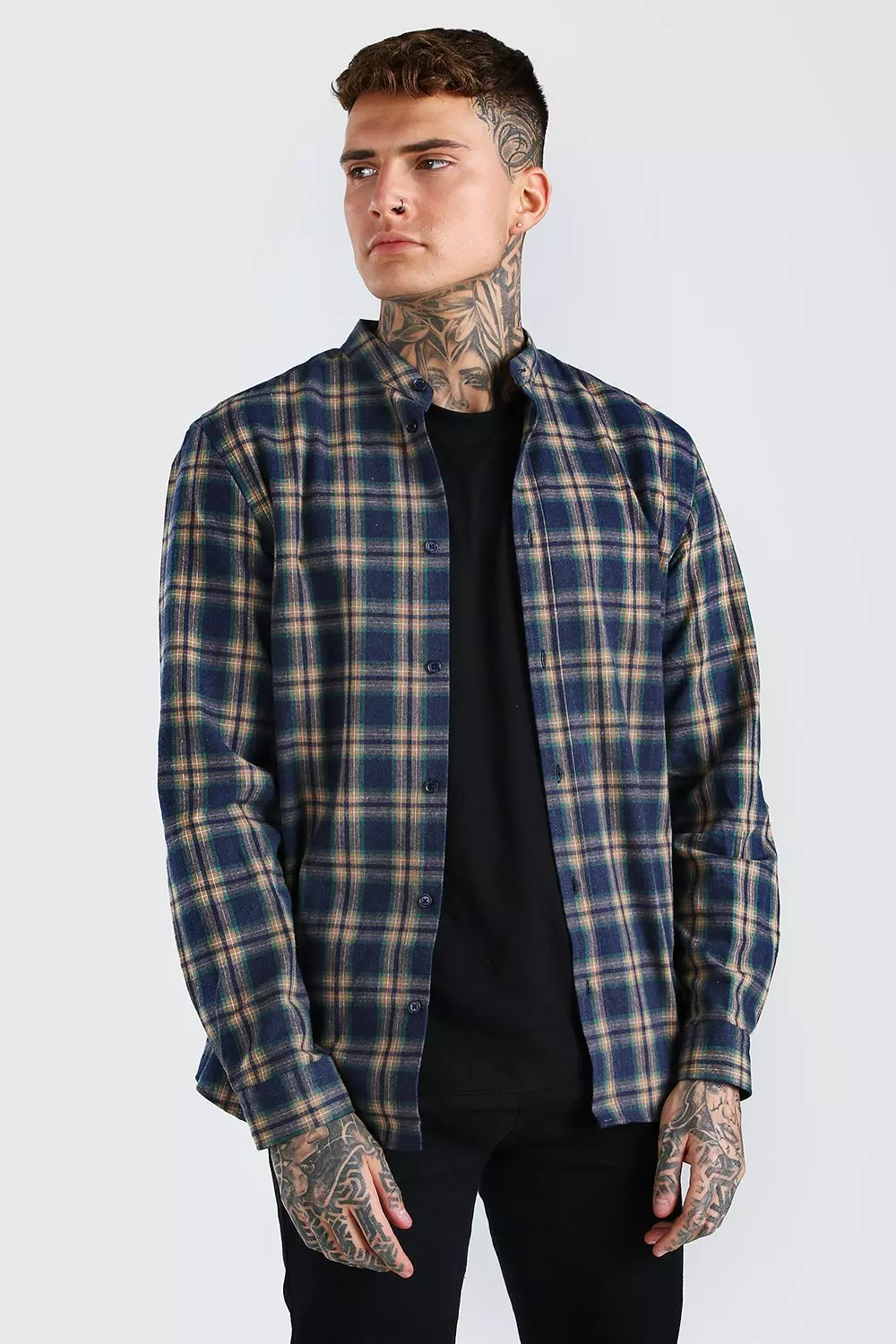 grandad collar check shirt