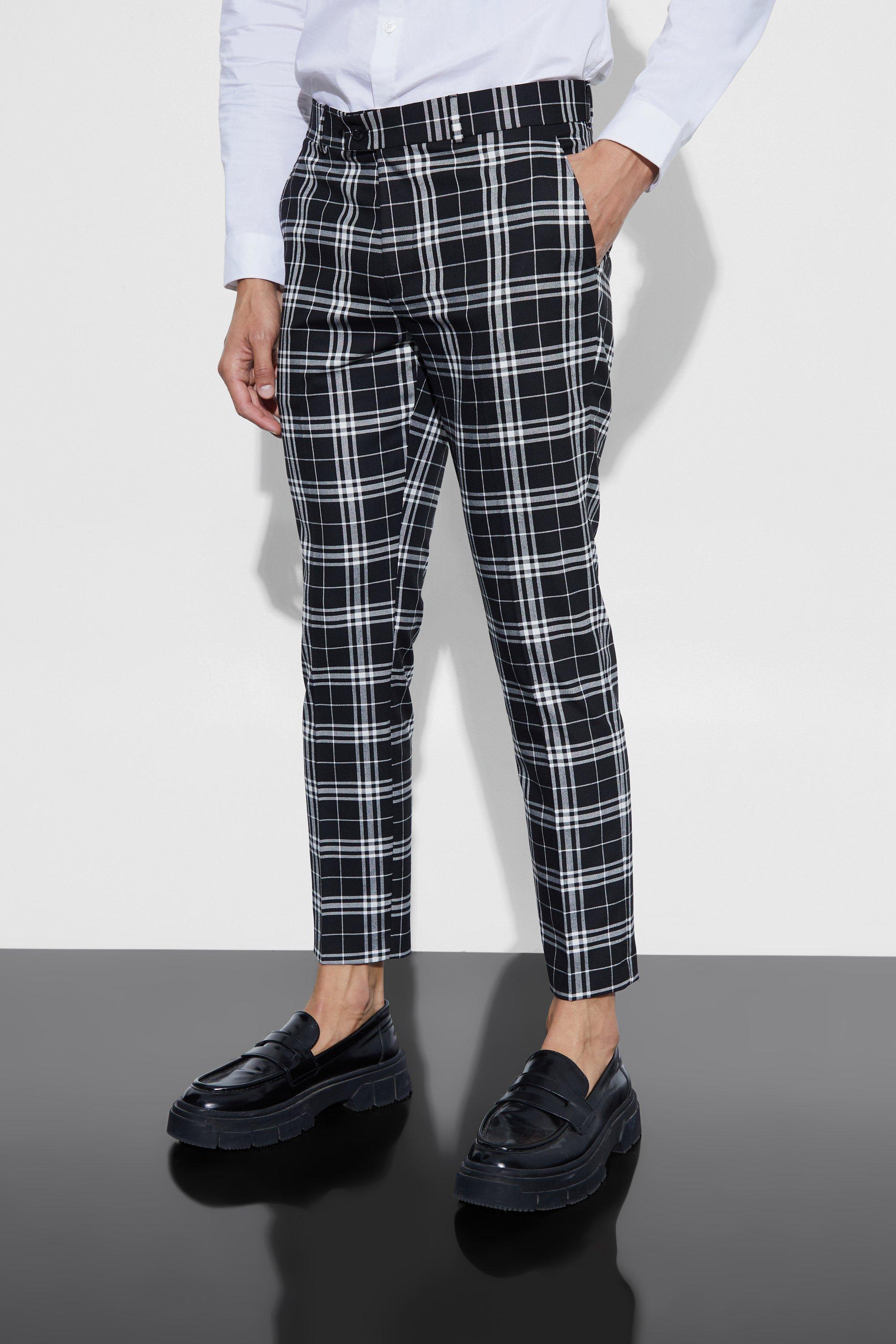 Mens Black Mono Tartan Cropped Smart Trouser, Black